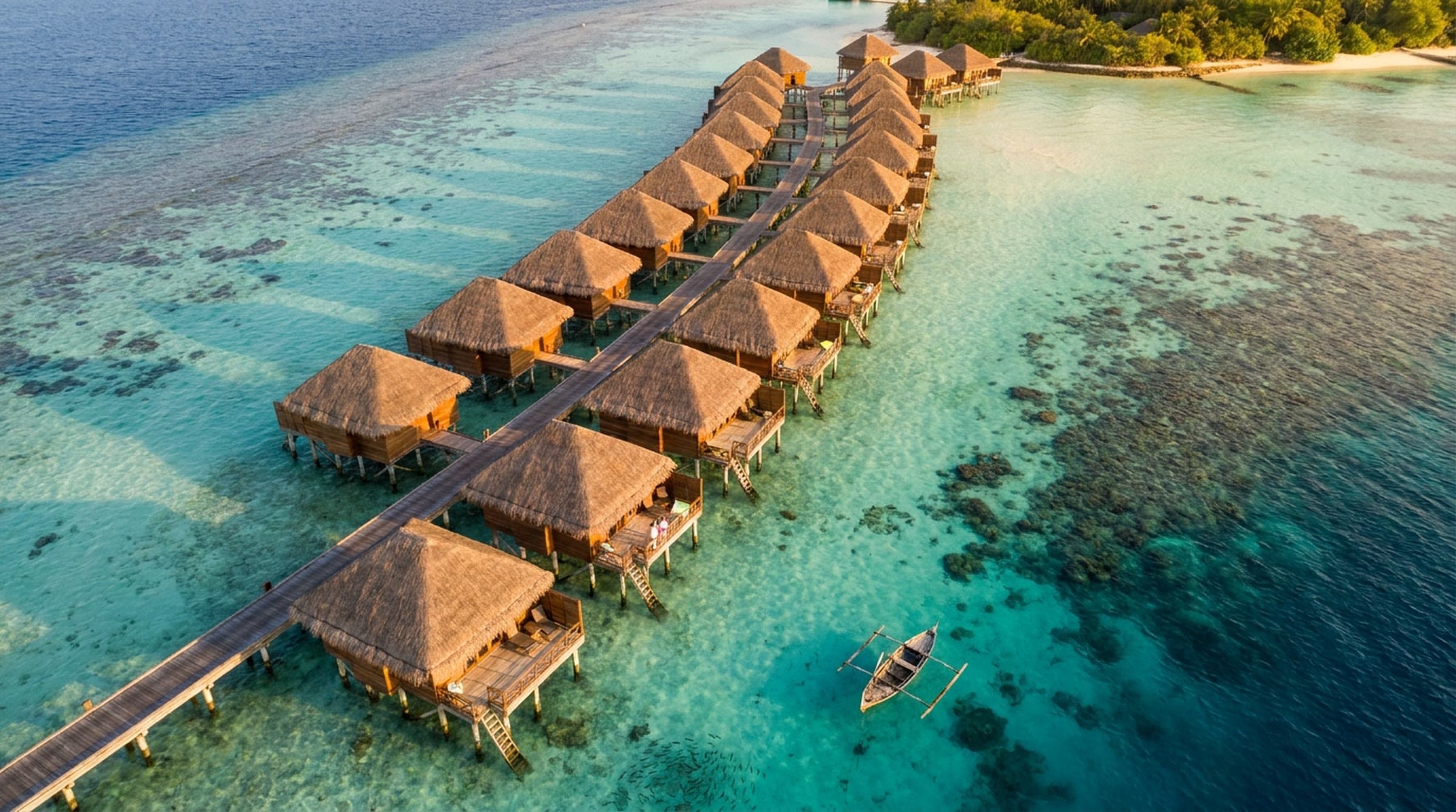 Aerial view of a long boardwalk of thatched over-water cabanas on stilts crossing a turquoise lagoon at golden hour, with a coral reef and a small wooden outrigger boat nearby.