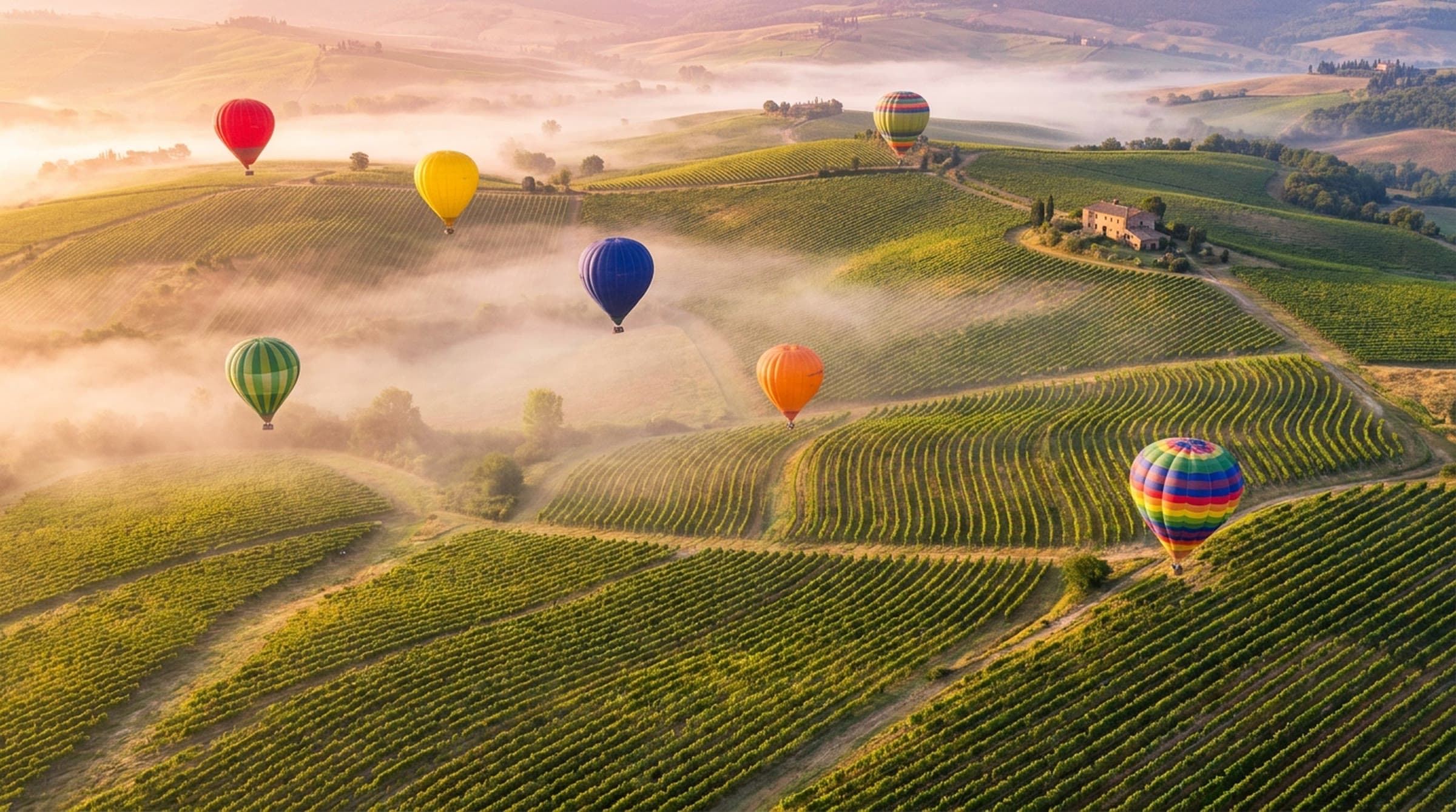 Colorful hot air balloons floating over rolling vineyard hills at sunrise, with mist in the valleys and a stone farmhouse among the vines.
