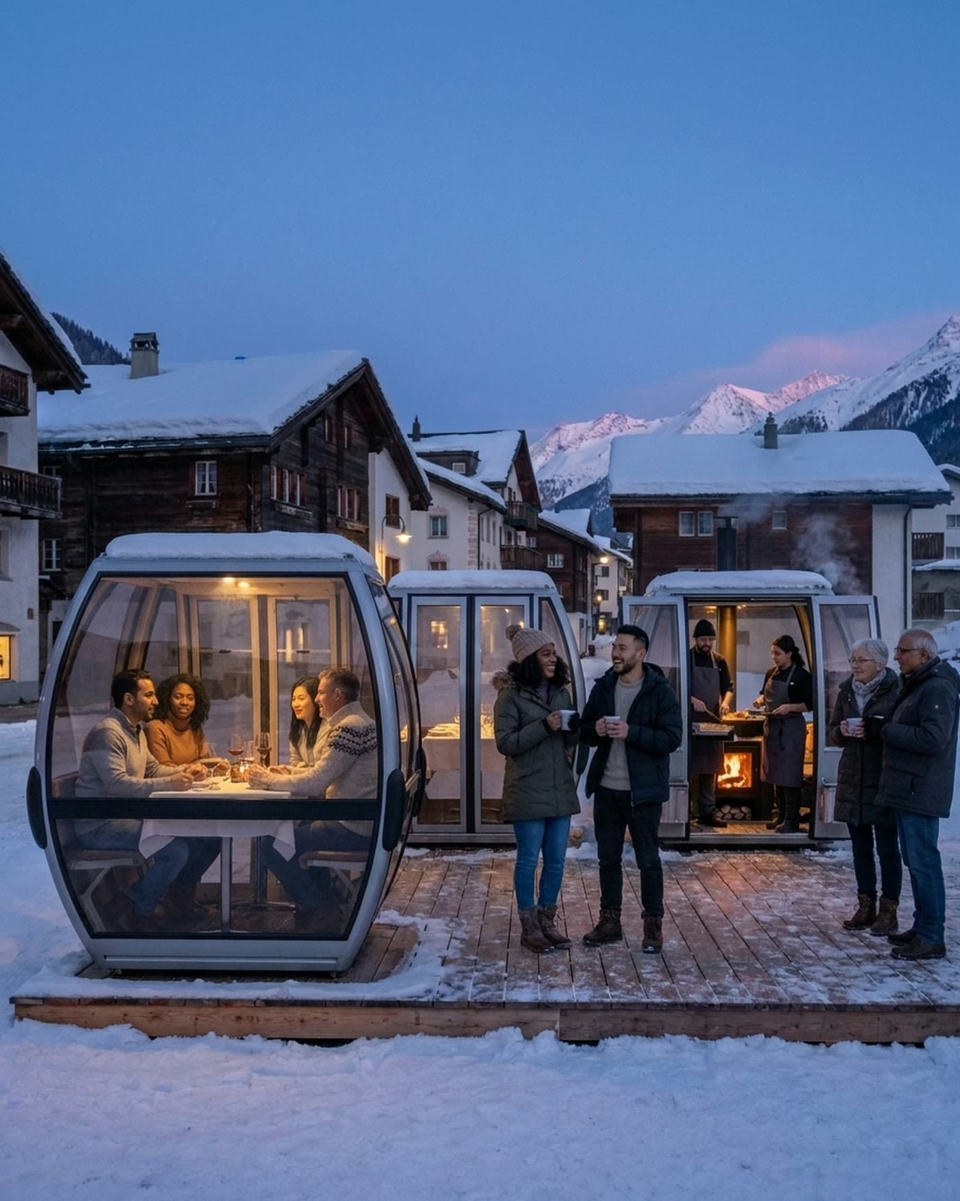 Glass gondola cabins set on a timber deck in an alpine village square at blue hour, guests of every background gathered with hot drinks while two cooks work an open fire in the cabin beside them.