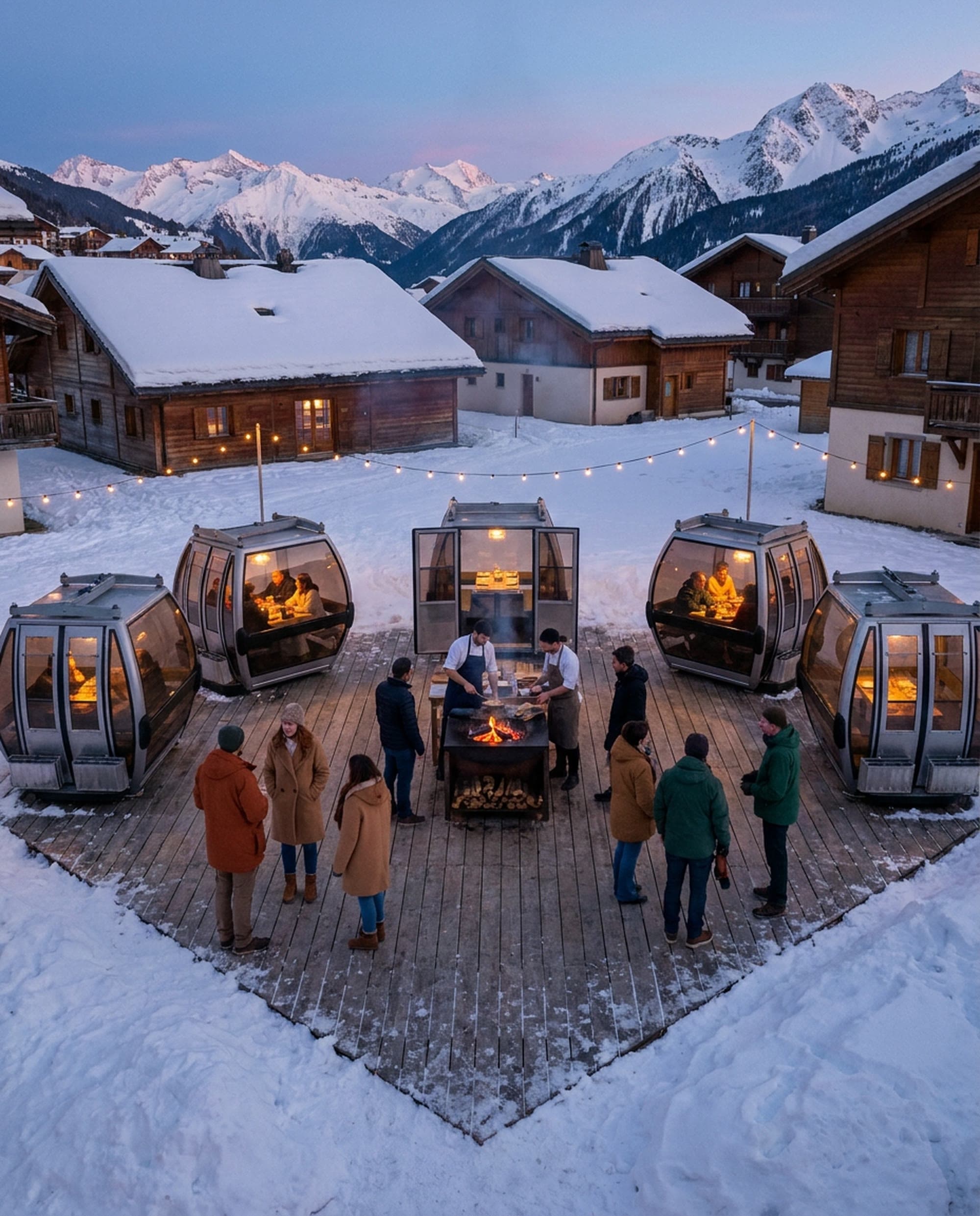 Six lit glass gondola cabins arranged in an arc around an open fire kitchen on a snow-covered village square, guests gathered at the flame with the last pink light on the peaks behind.