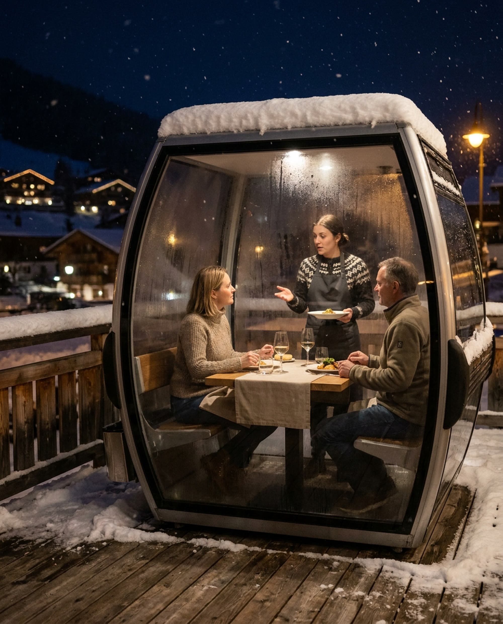A private glass gondola cabin on a snowy deck at night, a server setting a plate on the table for two inside while snow falls and the village glows behind.