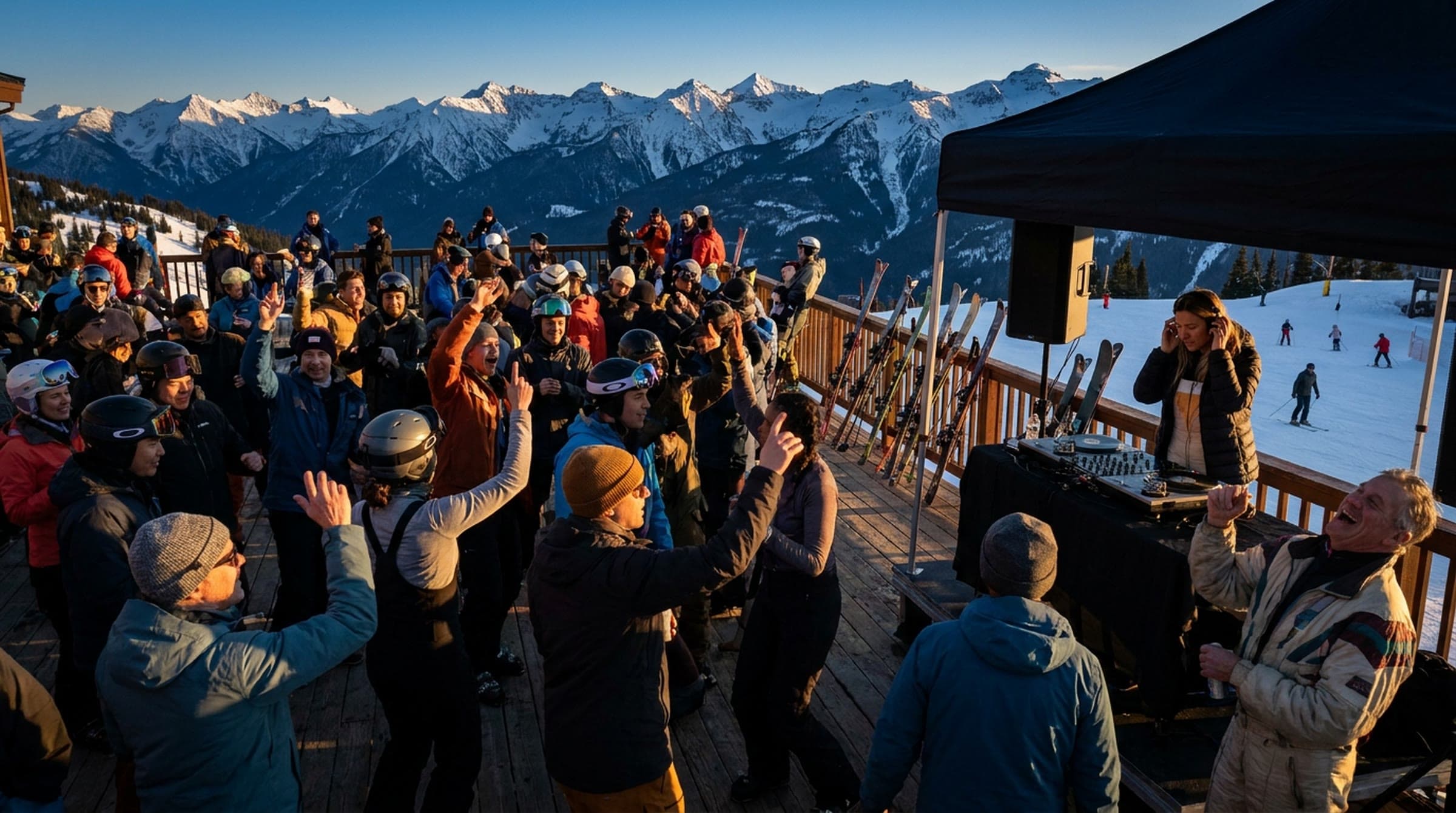 A slopeside deck packed with skiers dancing in front of a DJ at golden hour, skis stabbed upright along the rail and a full range of snow peaks behind.