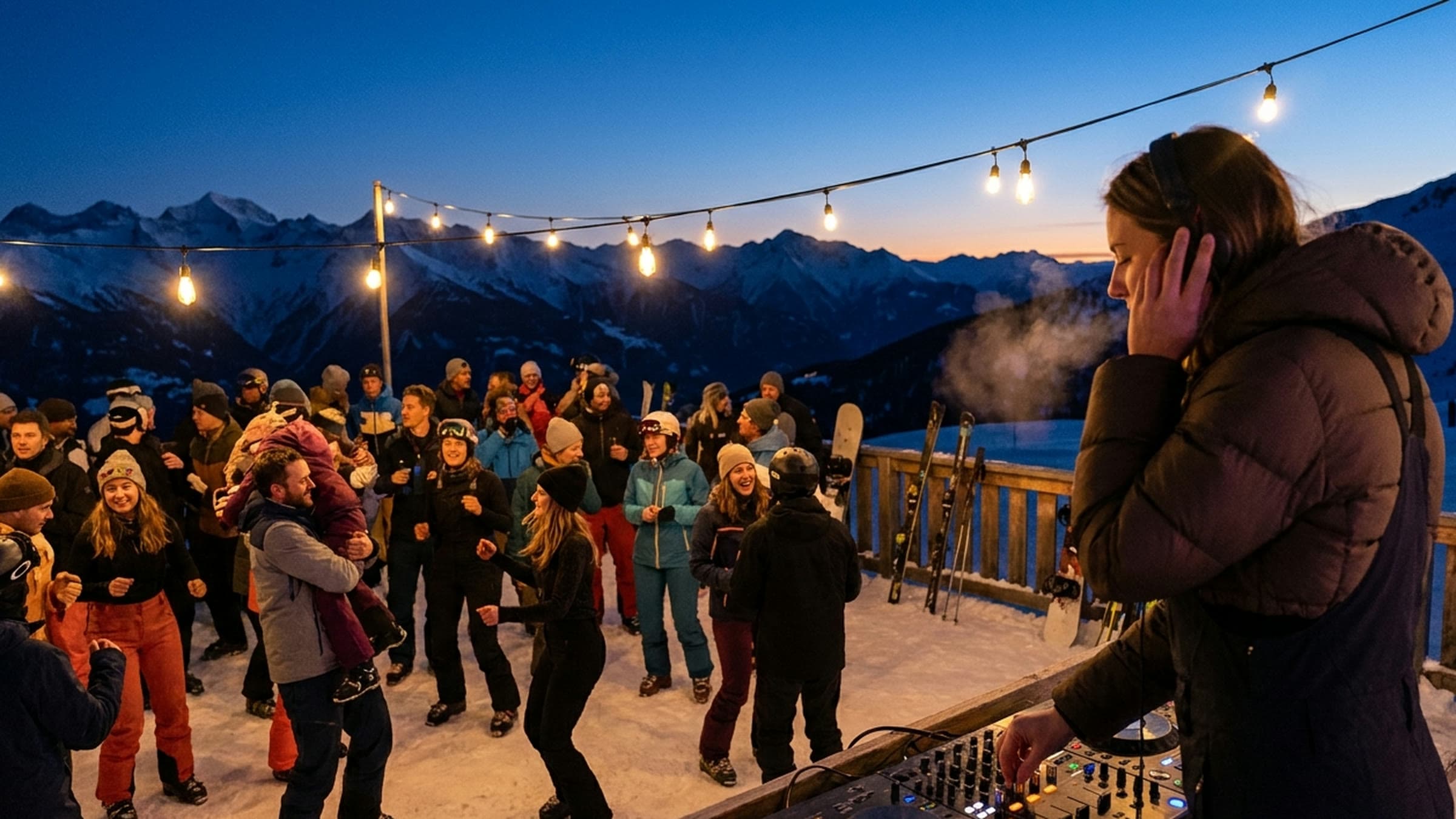 Blue hour over the DJ's shoulder as the crowd dances on snow under a string of warm bulbs, one friend hoisted on another's shoulder, peaks going dark behind.