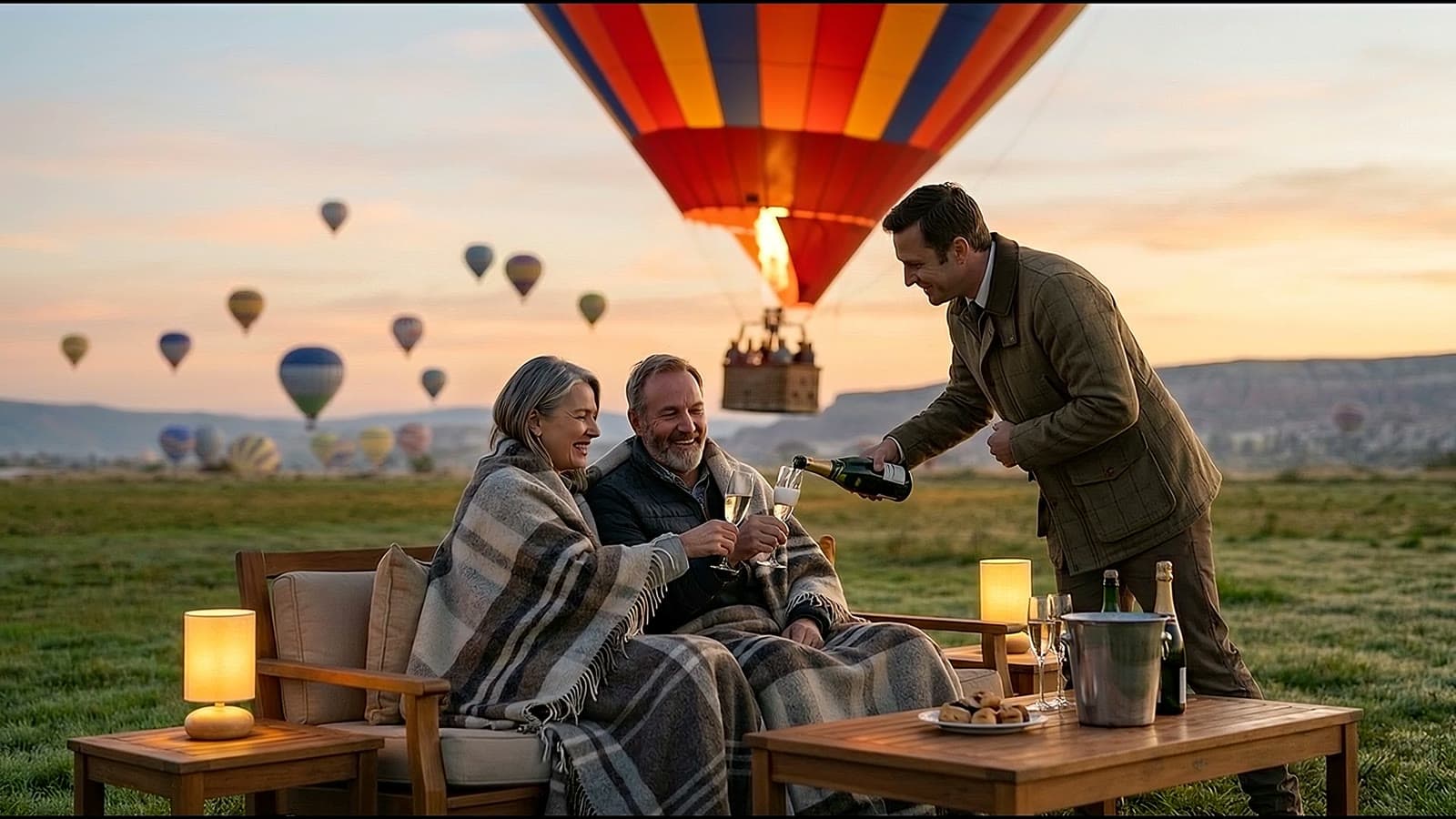 A smiling couple wrapped in a plaid blanket sits on an outdoor sofa at dawn while a host in a tweed jacket pours sparkling wine into their glasses, with a hot air balloon rising close behind them and many more balloons in the distant sky.