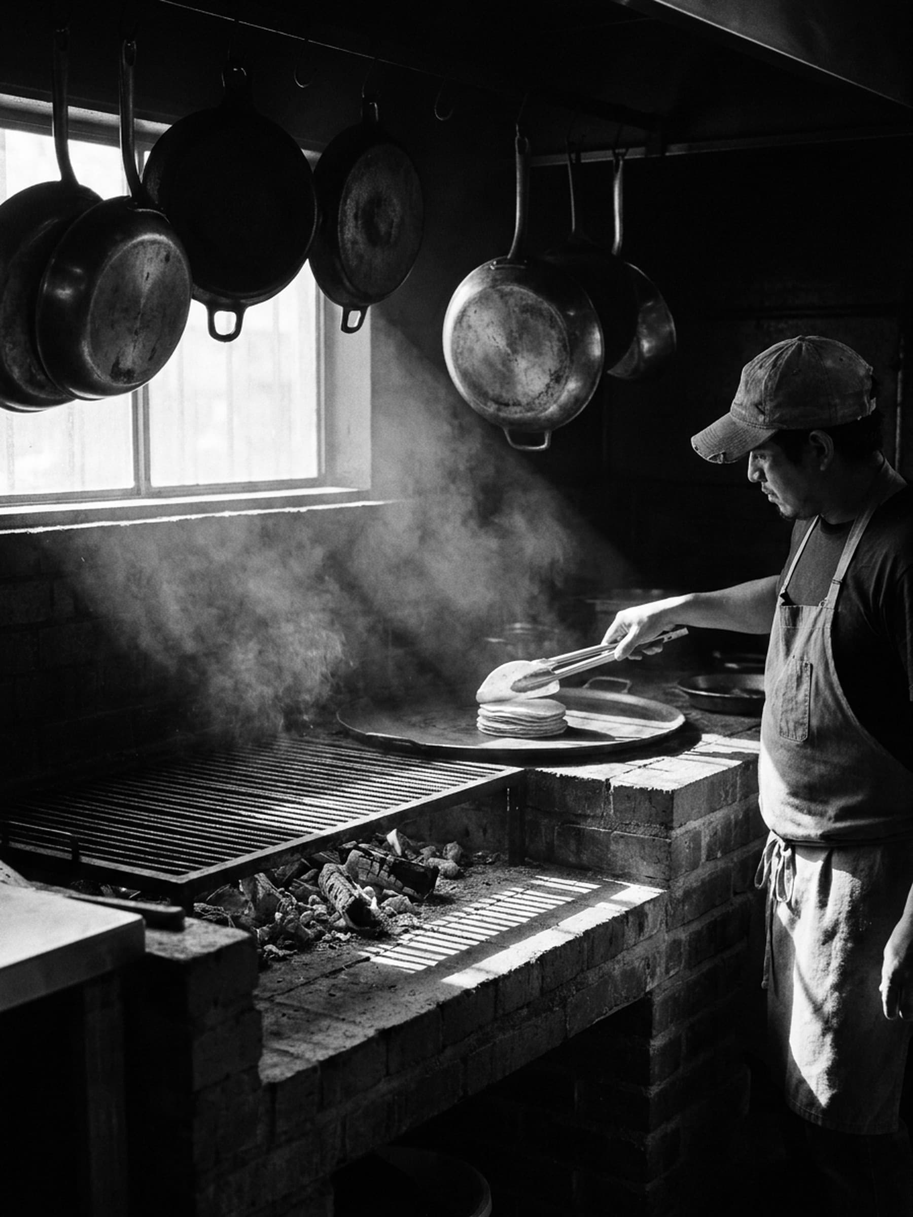 A cook in a cap turns tortillas on an iron comal over a brick wood-fired hearth as smoke drifts through a shaft of window light under hanging pans.