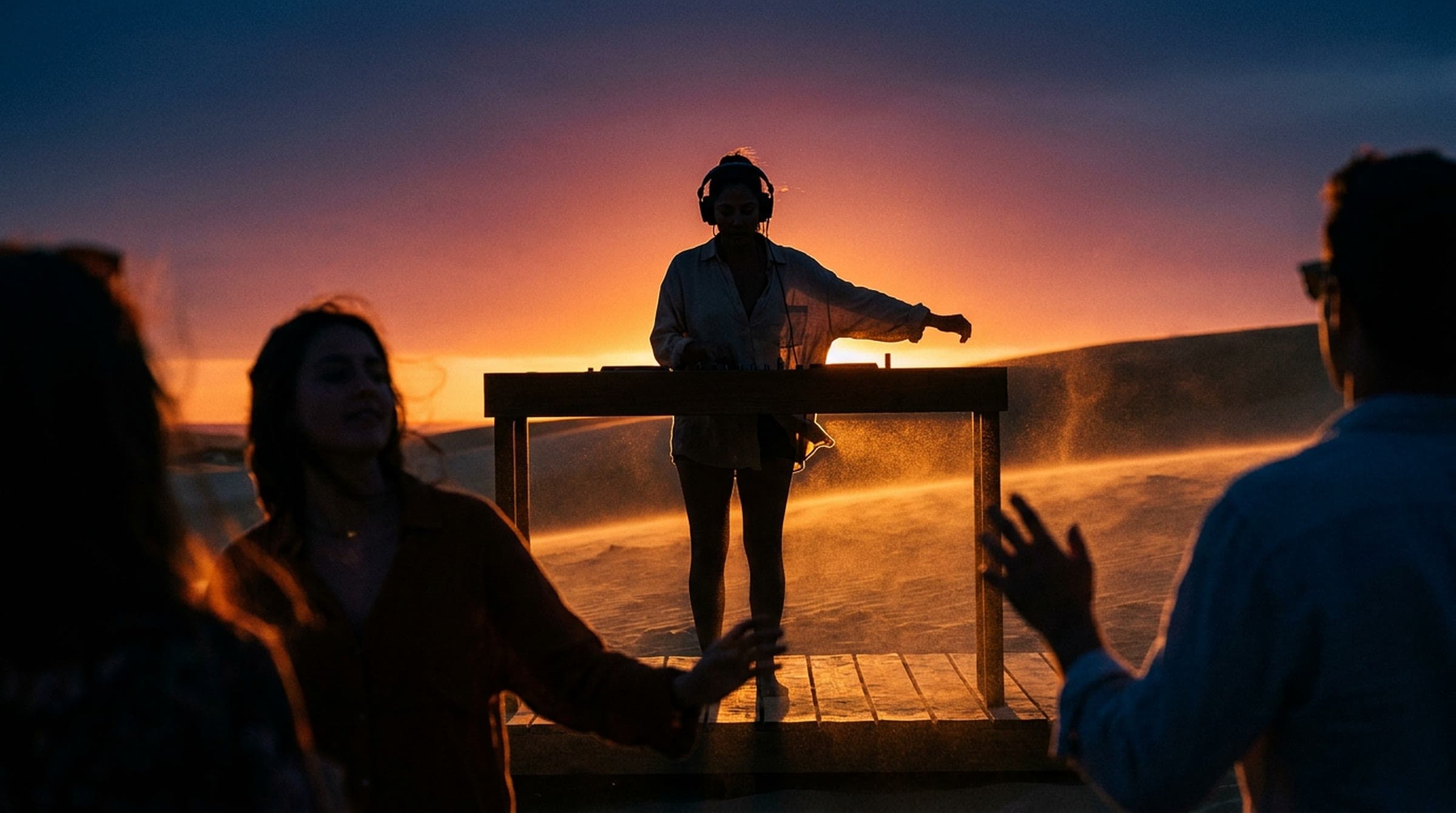 A DJ in headphones silhouetted behind a wooden booth on a dune crest against a blazing orange and violet sky, wind carrying glowing sand behind her while dancers sway in front.