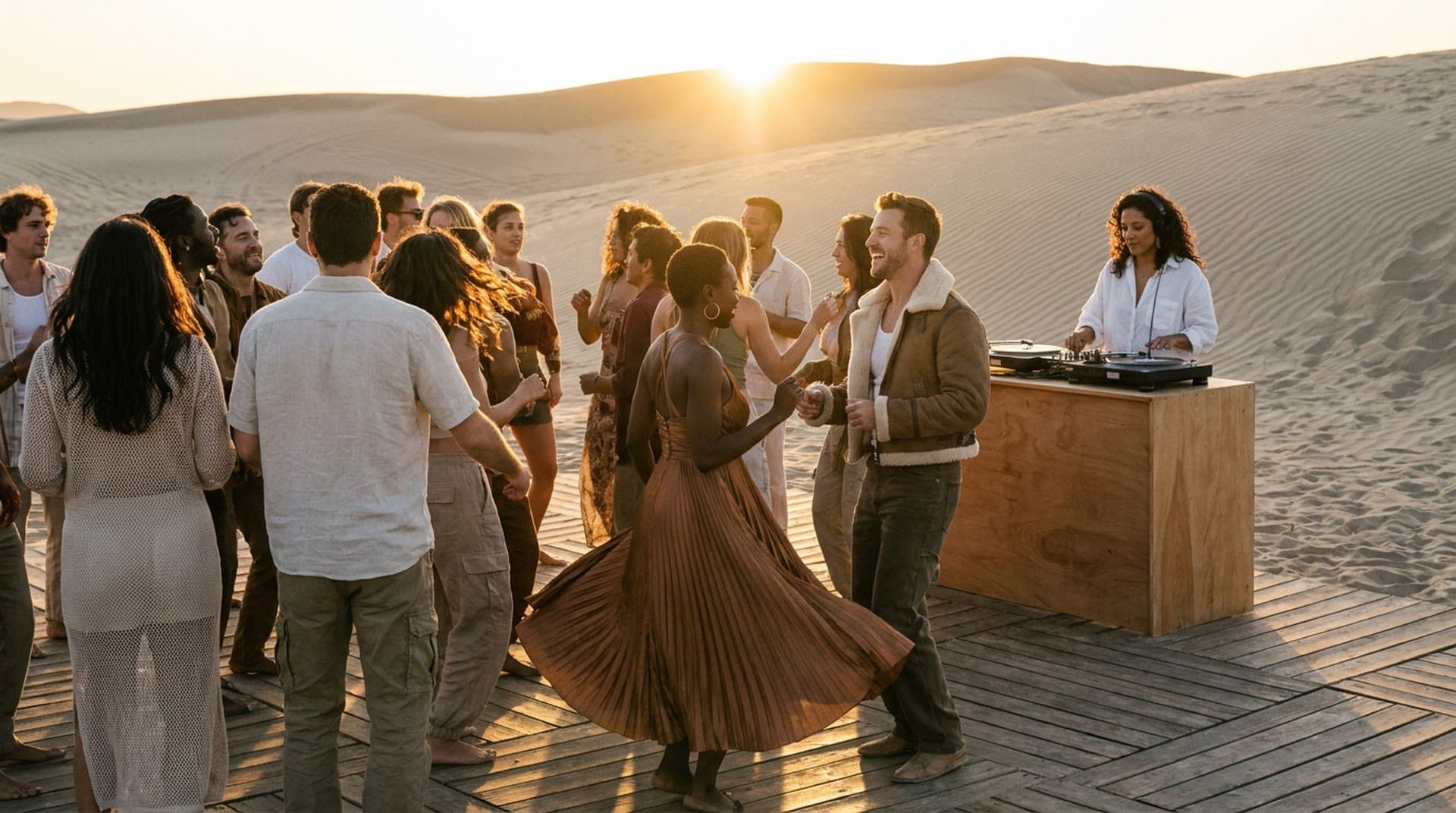 A mixed group of friends dances on a wooden floor laid over desert sand at sunset while a DJ in a white linen shirt plays records at a plywood booth, with a woman in a bronze pleated gown spinning beside a man in a shearling jacket.