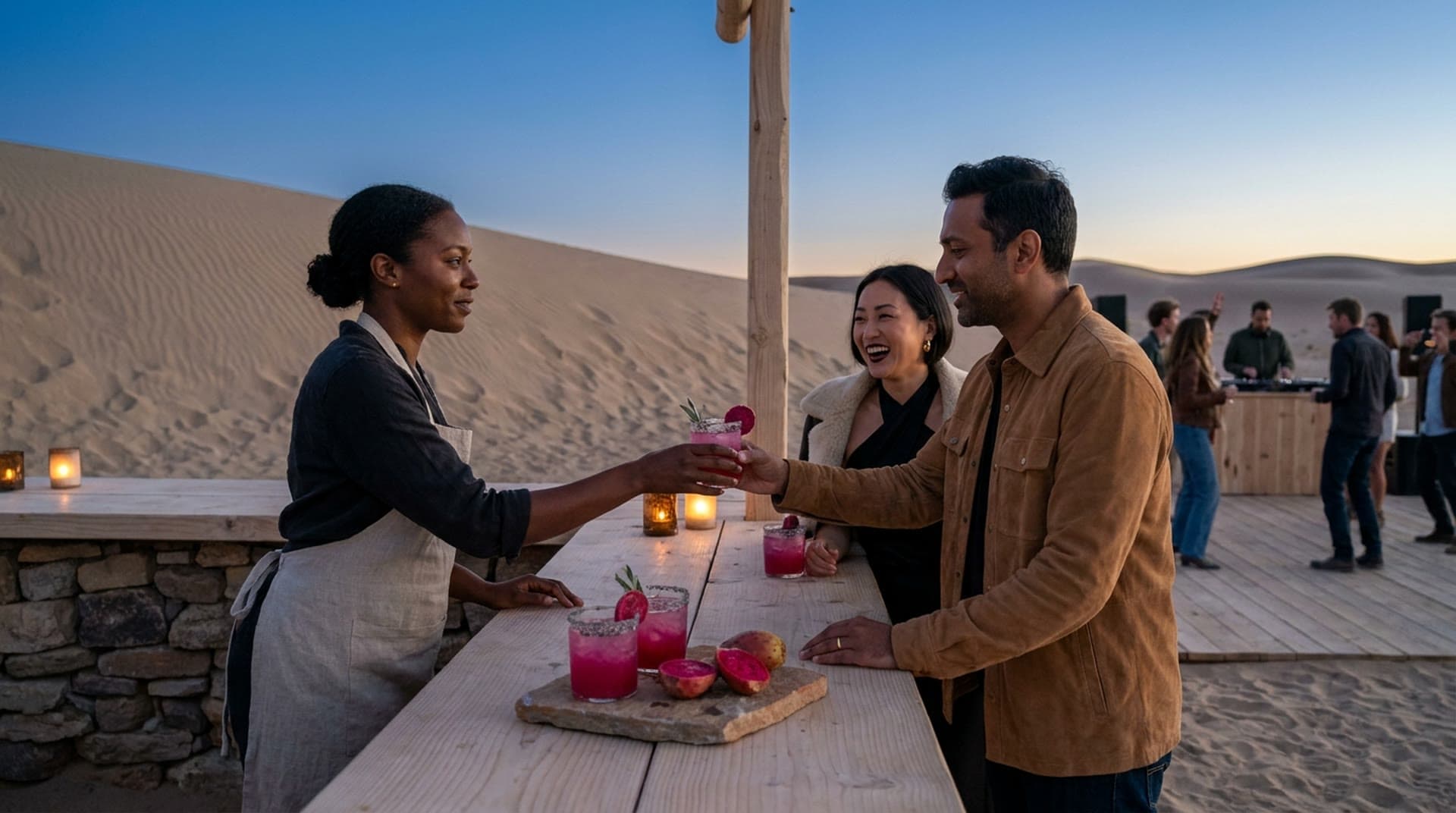 At dusk beside a tall sand dune, a bartender hands a pink prickly pear cocktail with a salt rim across a timber bar to a man in a suede overshirt while the woman next to him laughs and a small crowd dances in the background.