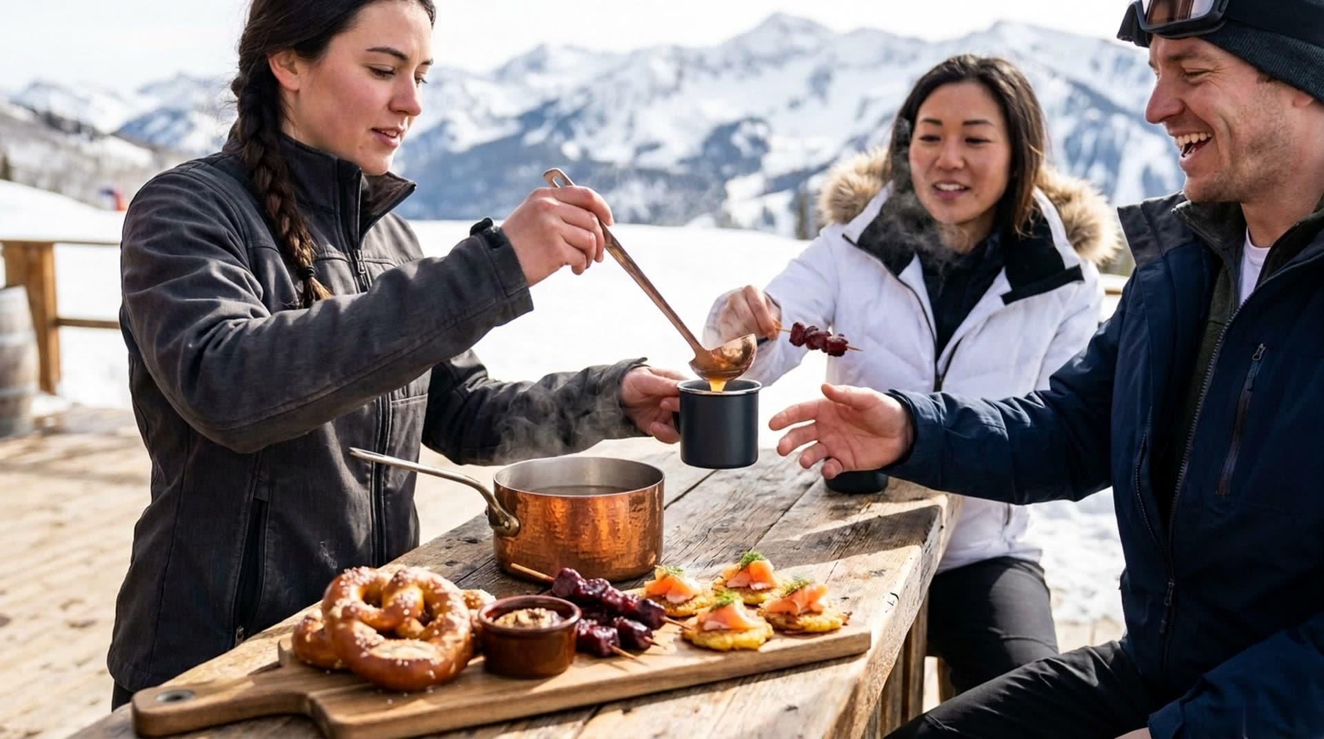 At an outdoor timber bar with snowy mountains behind, a bartender ladles hot cider from a copper pot into an enamel mug for a laughing skier while a woman in a white jacket takes a sausage skewer from a board of pretzels and small potato bites.
