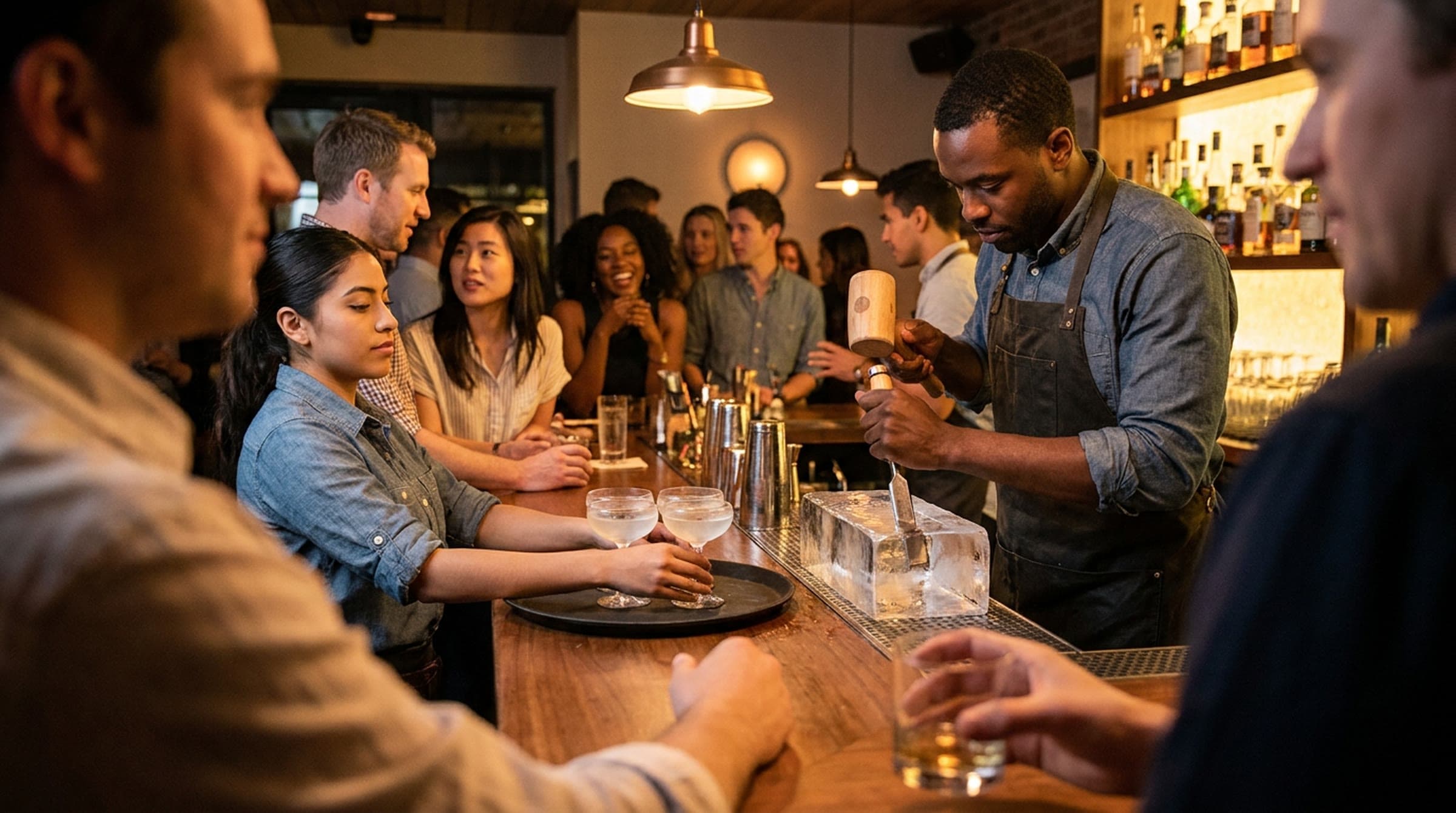 From the guest side of a crowded bar, a bartender splits a block of clear ice with a mallet and chisel while a barback sets down a tray of chilled coupes.