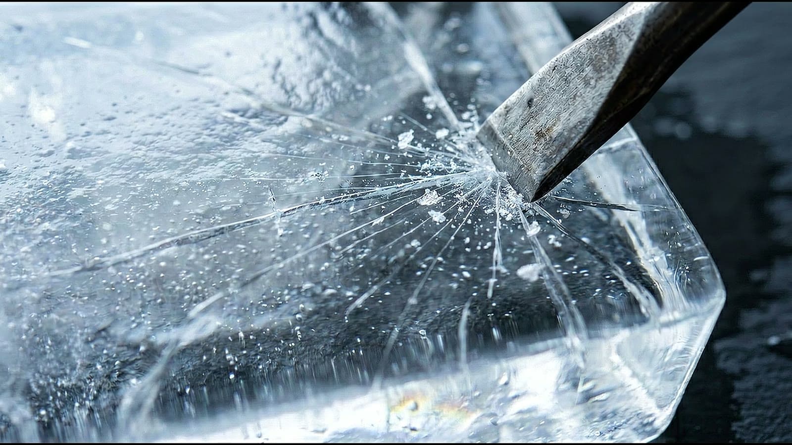 Light shimmers through clear ice where a chisel tip rests on a fresh starburst of fractures, tiny ice chips glinting.