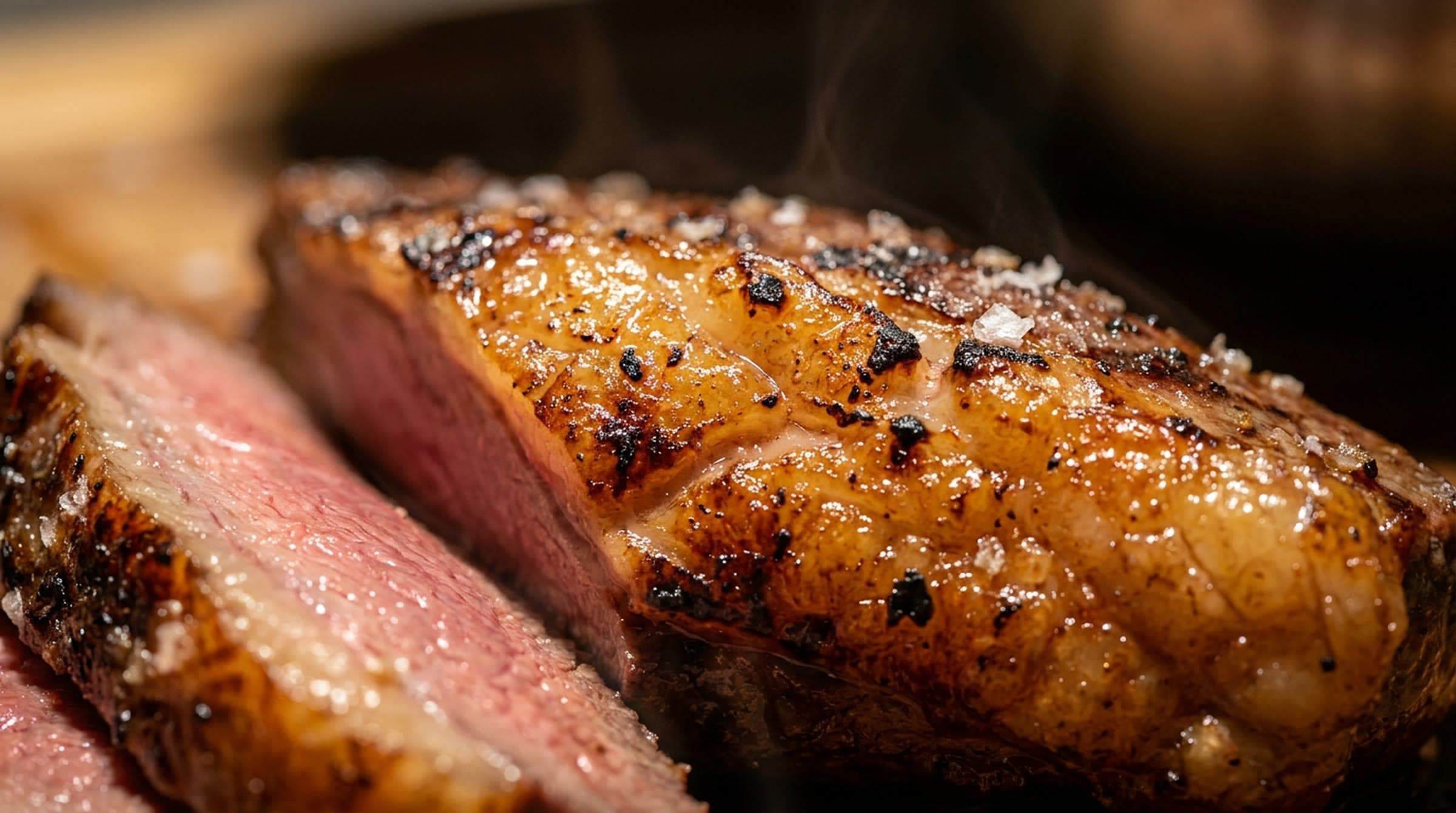 Close view of the fat cap on sliced grilled picanha, the crackled golden crust flecked with char and coarse salt beside rosy medium-rare beef.