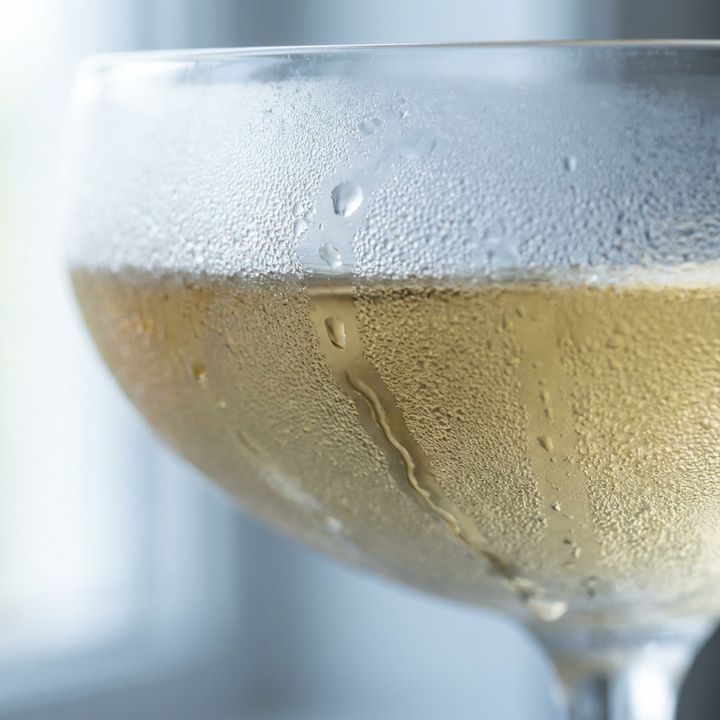 Close view of a chilled coupe glass beaded with condensation, one clear drip trail running down over a pale gold cocktail.