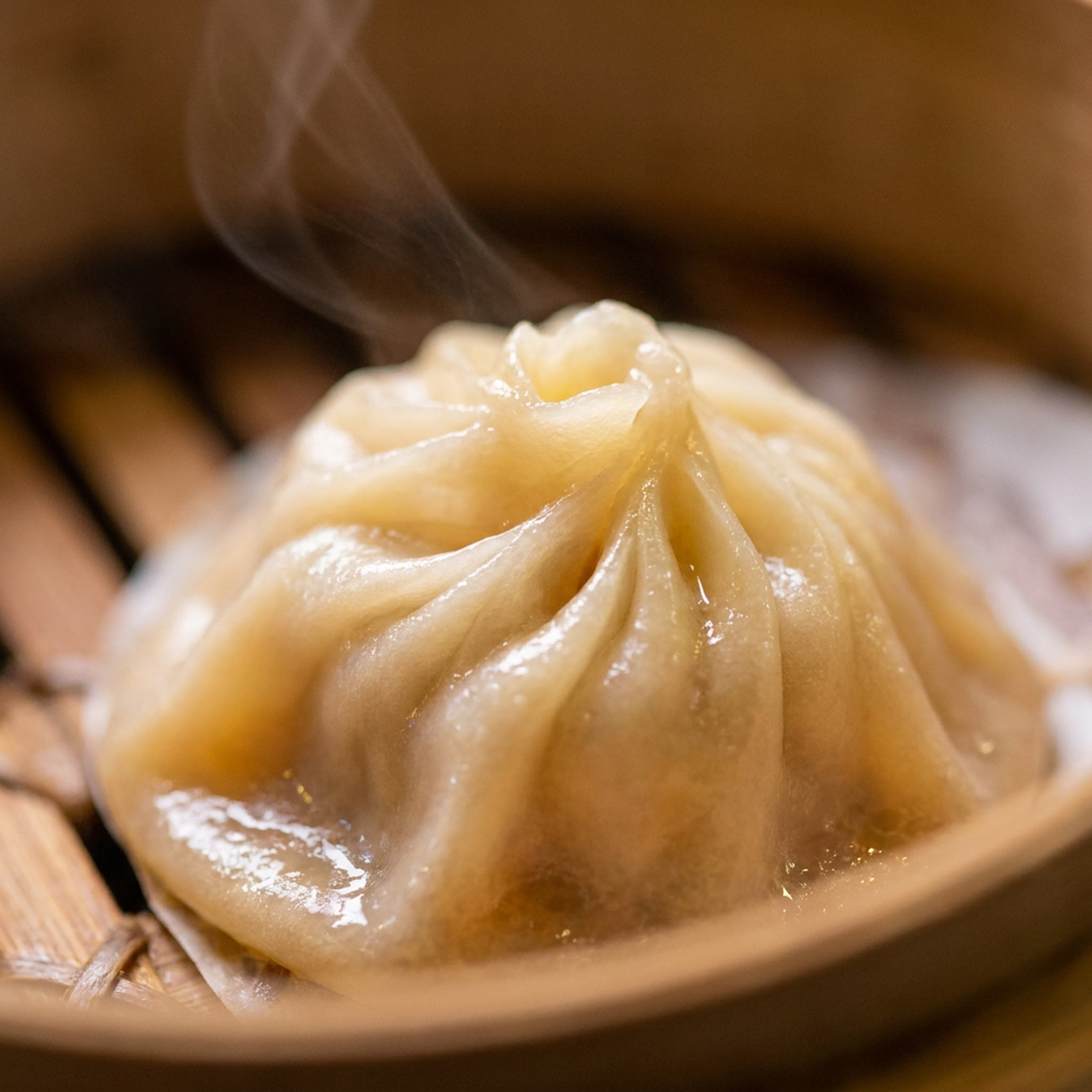 A freshly steamed soup dumpling with a glossy pleated wrapper twisted into a knot, a thin wisp of steam rising from a bamboo steamer.
