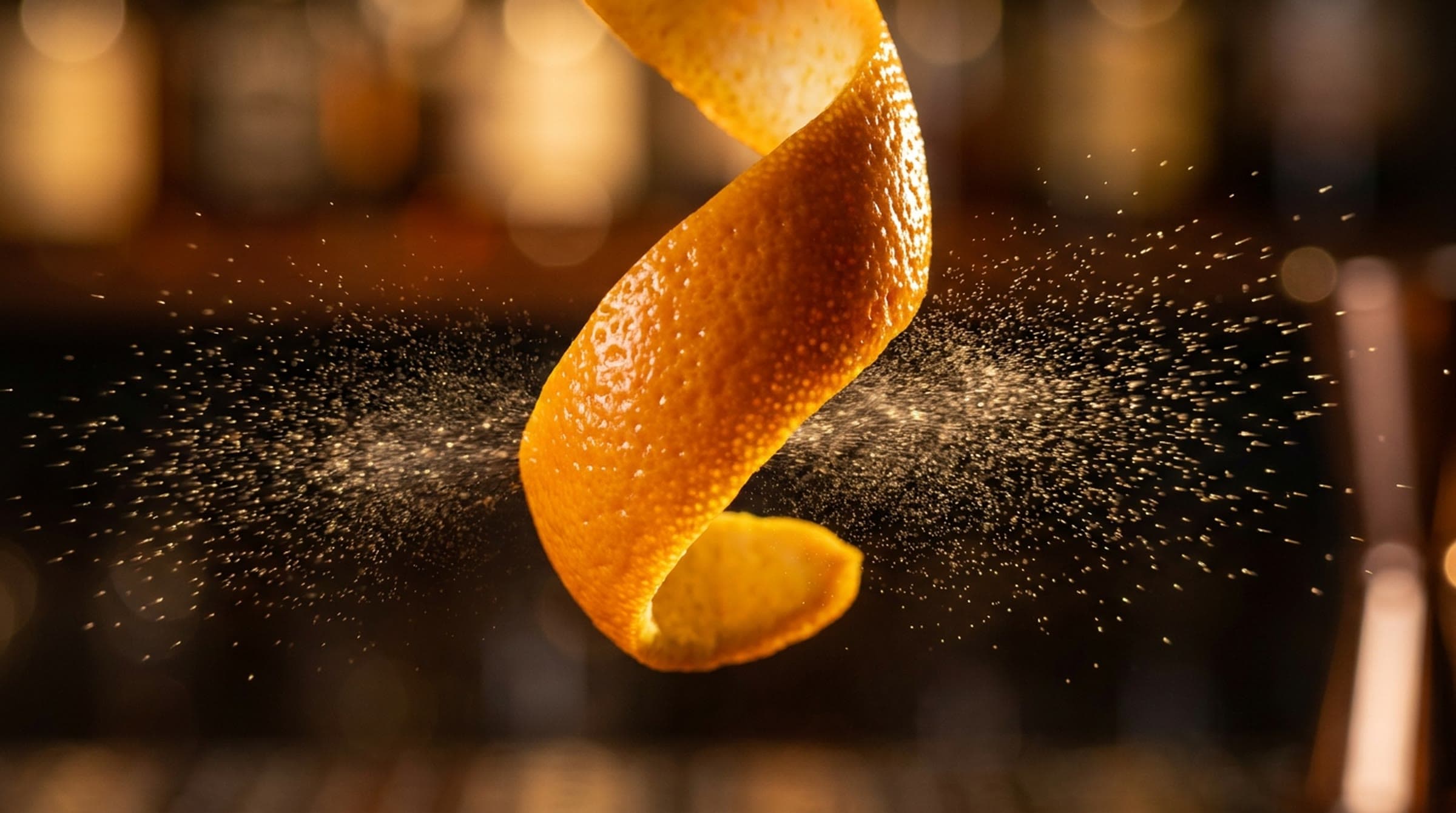 A twist of orange peel in the air releasing a fine golden spray of citrus oil against the soft amber lights of a bar at night.