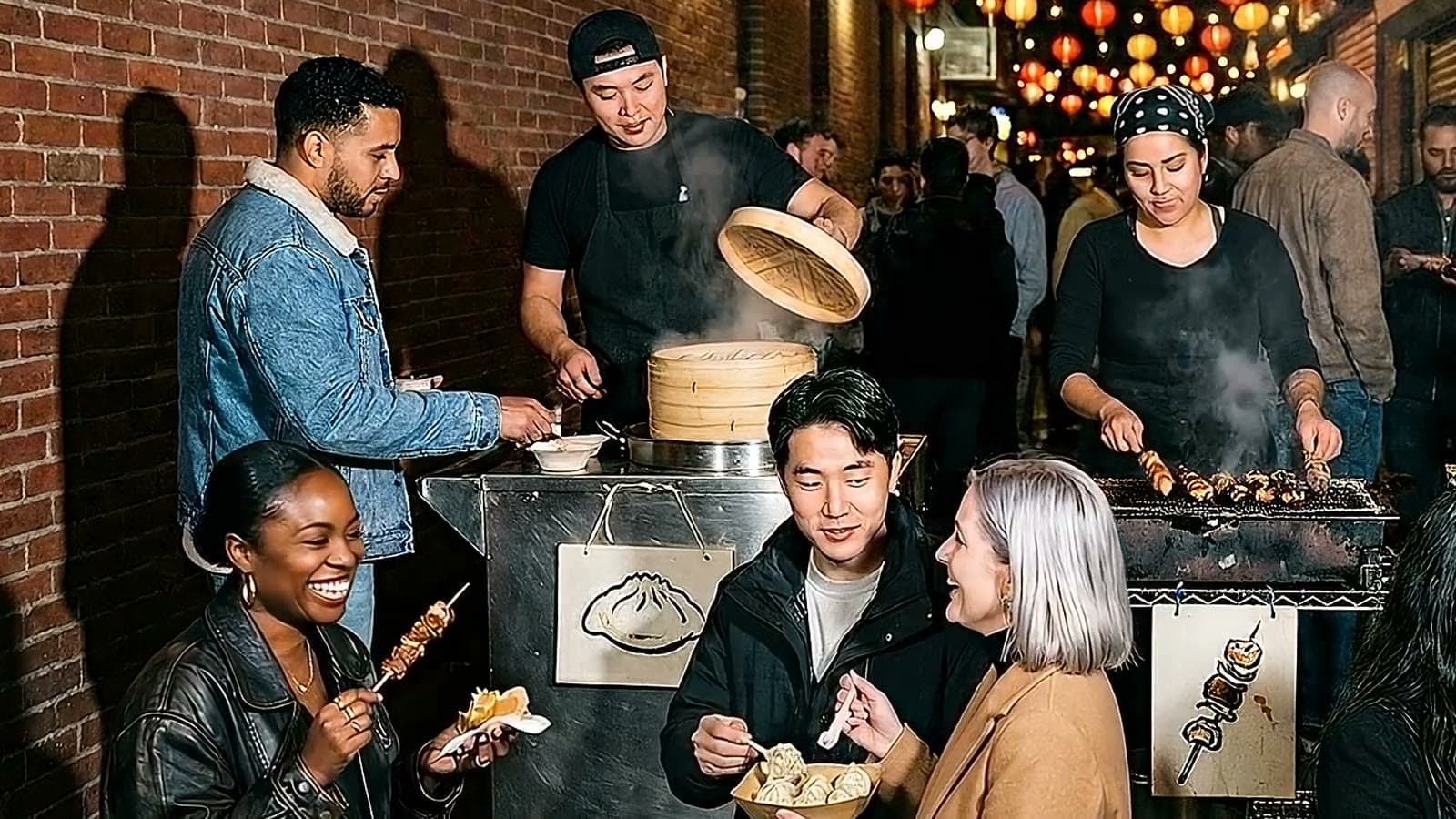 At a dumpling cart in a brick alley a cook lifts the steamer lid over rising steam, a woman in a leather jacket laughs with a skewer, and a couple share soup dumplings.