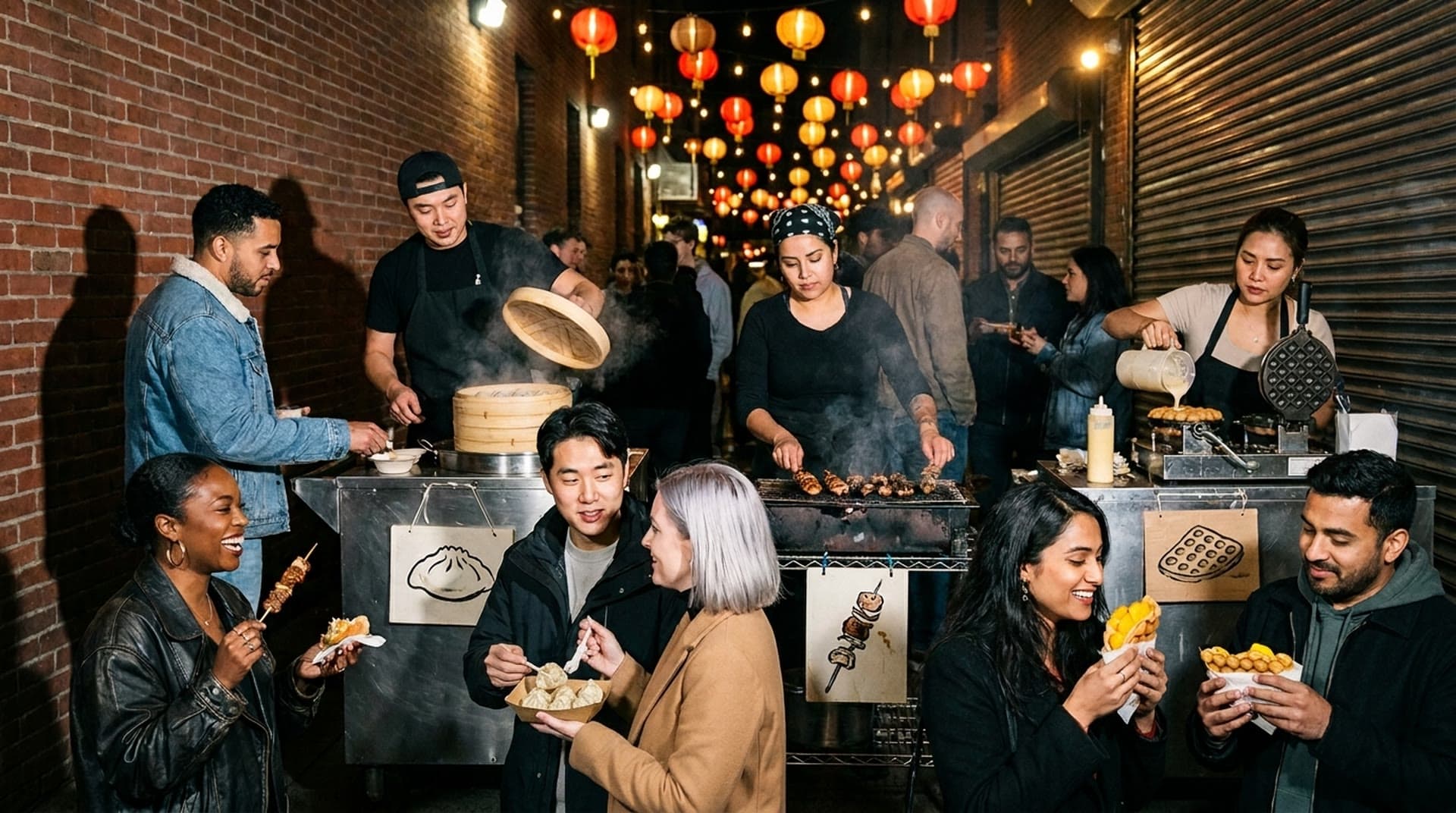 A crowded brick alley at night under strings of red and amber paper lanterns, with steel food carts where cooks steam soup dumplings in bamboo baskets, grill skewers and pour bubble waffle batter while a diverse group of guests eat and laugh in front of the carts.