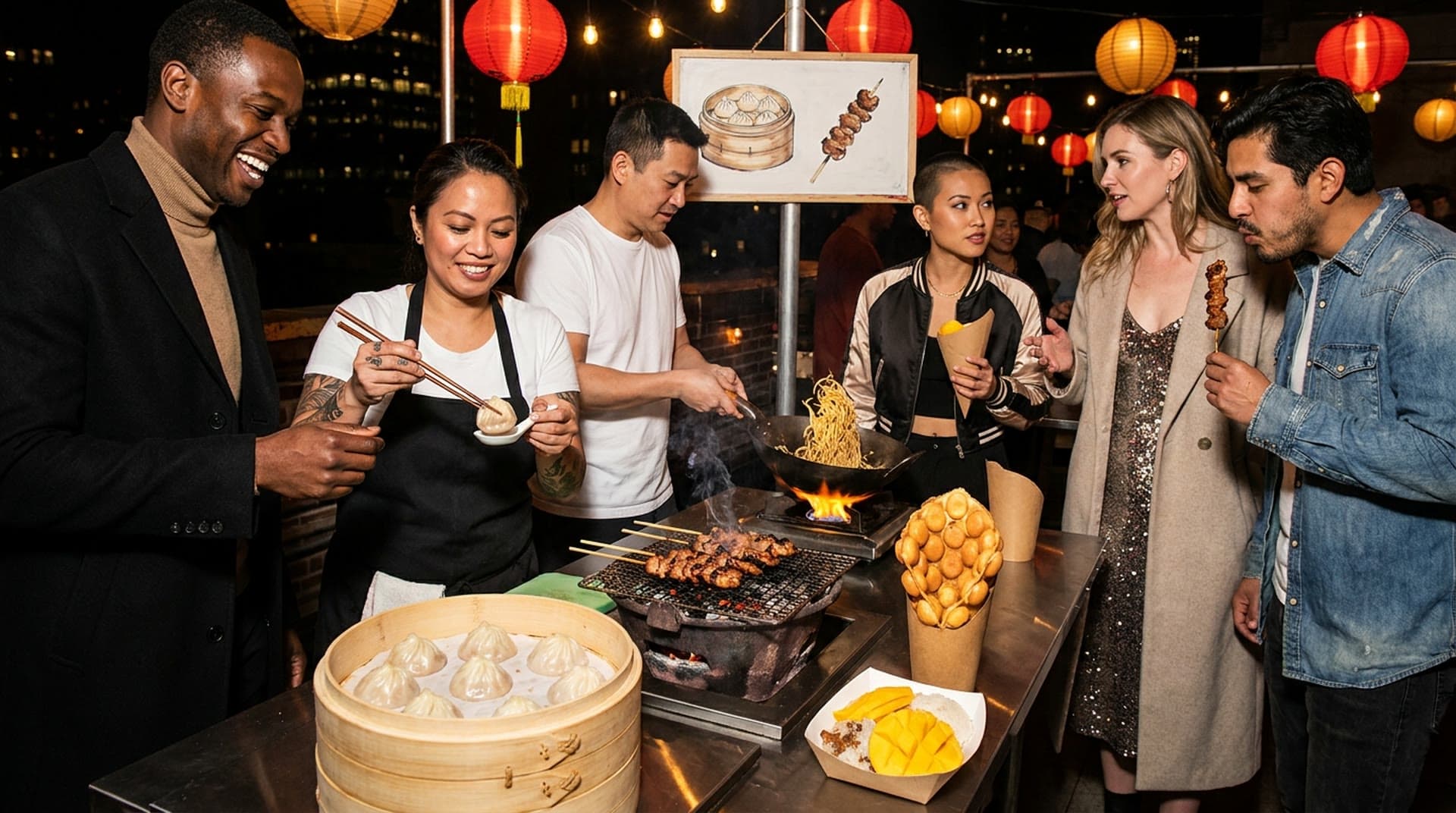 A rooftop food counter at night under paper lanterns, with a bamboo steamer of soup dumplings, pork skewers on a charcoal grill, a bubble waffle cone and mango sticky rice, as a chef offers a dumpling on a spoon to a guest in a black overcoat and a cook tosses noodles in a wok beside a group of friends.