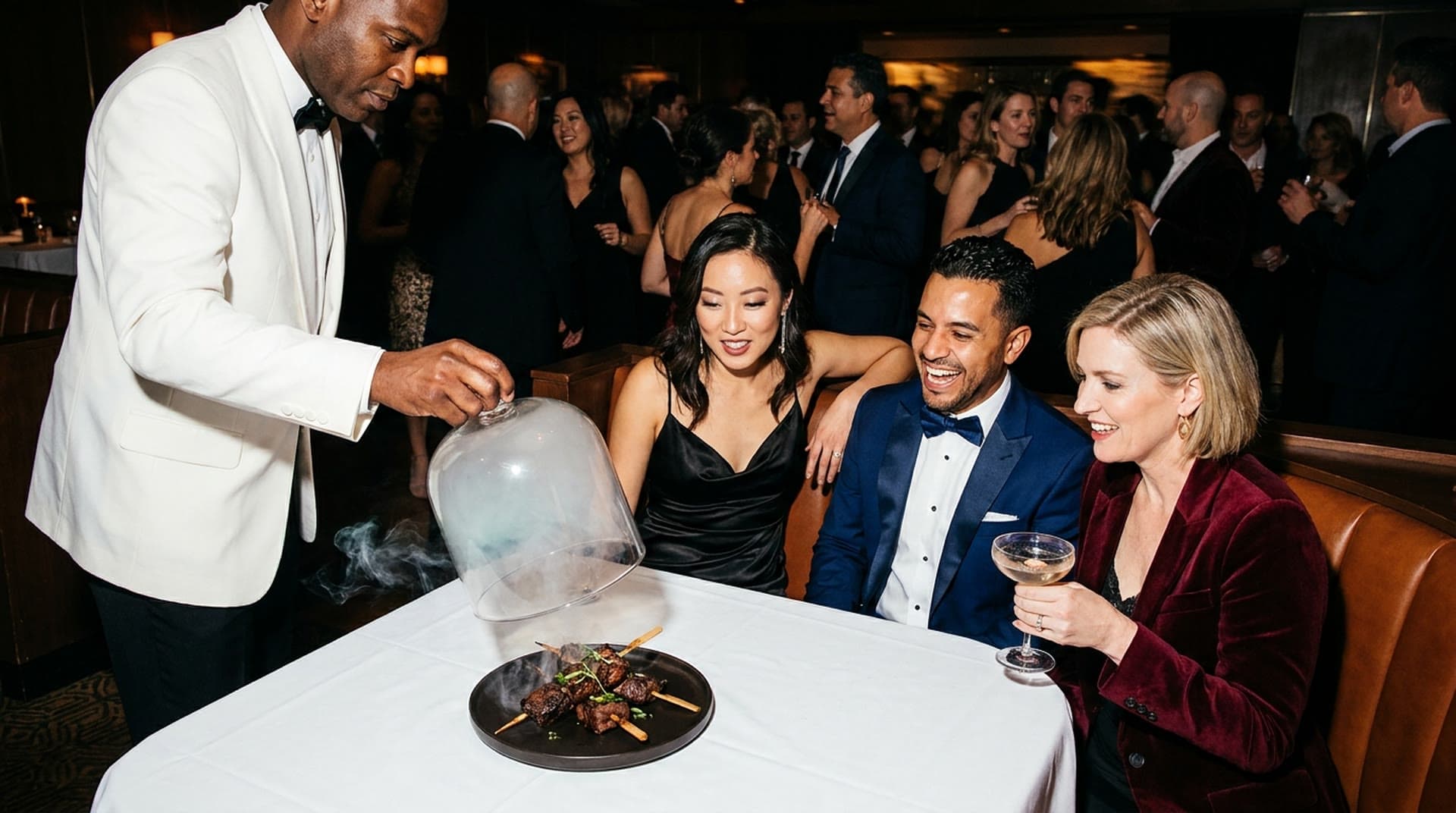A server in a white dinner jacket lifts a glass cloche filled with smoke off a plate of short rib skewers at a white-clothed booth table, as a woman in a black satin dress, a laughing man in a blue tuxedo and a woman in a burgundy velvet blazer holding a cocktail look on, with a crowd of guests in evening wear behind them.