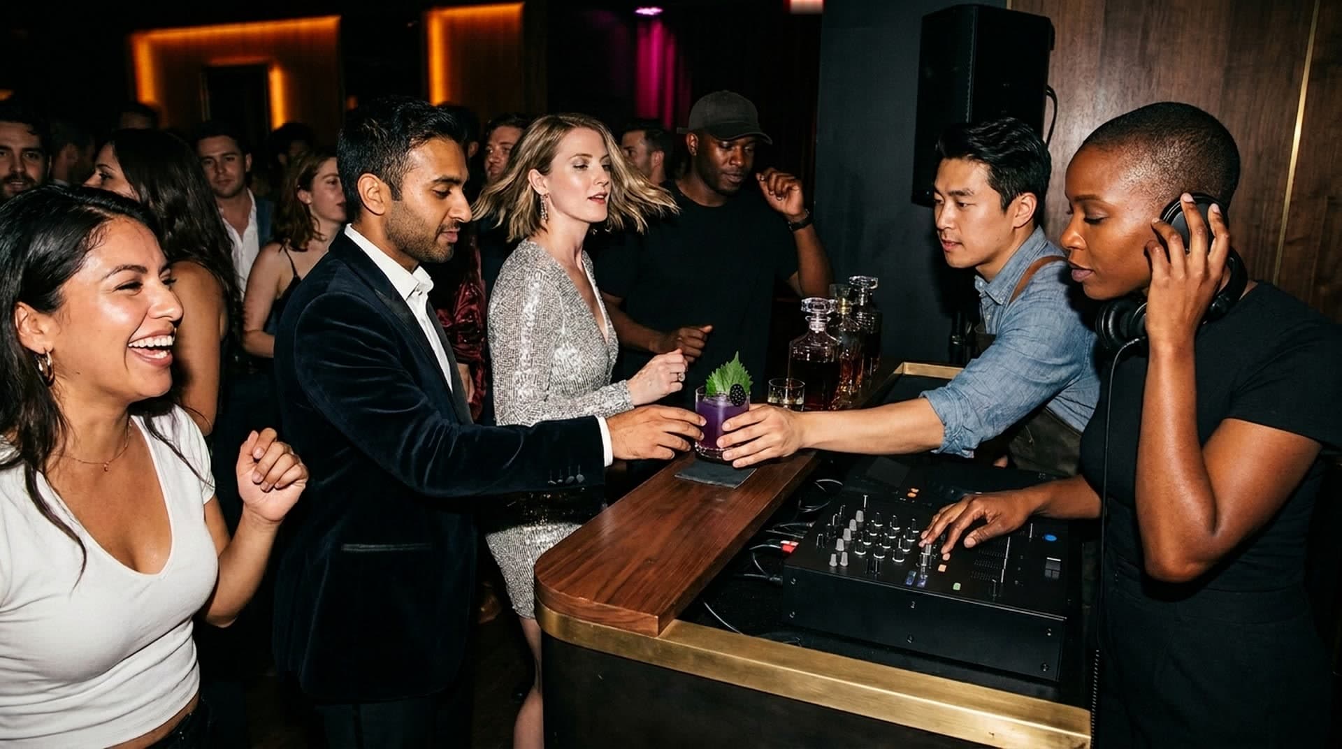 In a crowded nightclub, a DJ with headphones works a mixer while a bartender beside her in the same walnut and brass booth hands a violet cocktail with a shiso leaf and blackberry to a man in a velvet jacket, as guests dance and laugh around them.