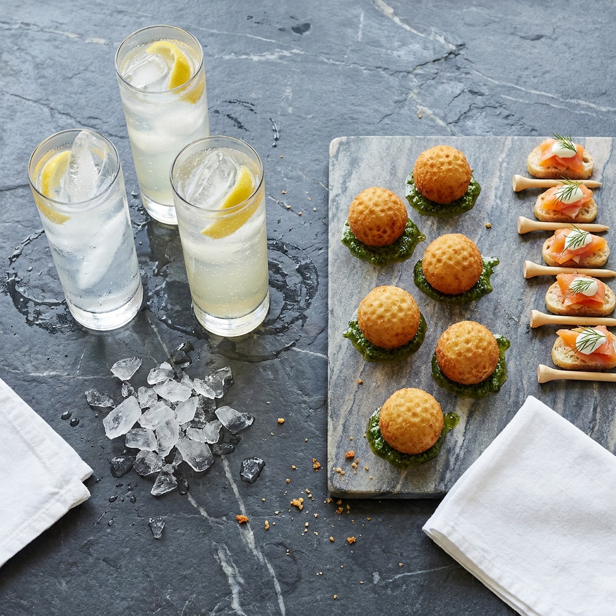 Three highballs with lemon and clear ice on a wet dark slate bar, beside a stone board of golden croquettes shaped like golf balls on green herb sauce and a row of smoked salmon crostini next to wooden golf tees, with chipped ice and white napkins.