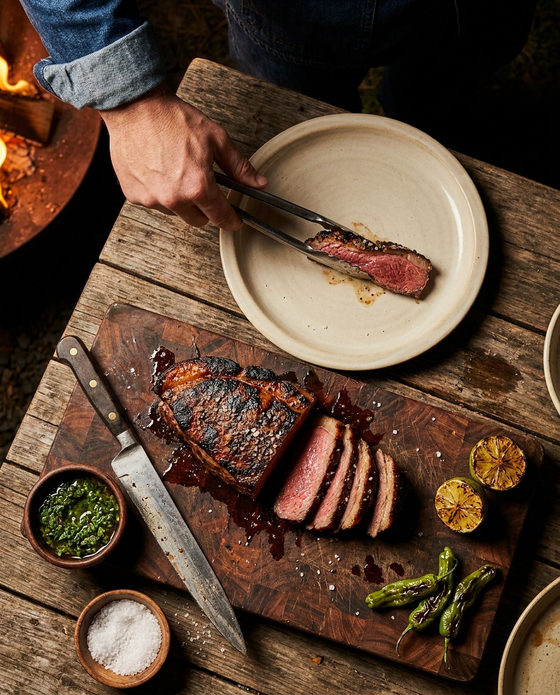 A charred picanha on a dark end-grain carving board, half sliced to a rosy center with juices on the wood, a carving knife, chimichurri, coarse salt, grilled limes and blistered peppers on a rough wooden table, as a cook's hand in a denim cuff lays a slice on a stoneware plate beside the fire.
