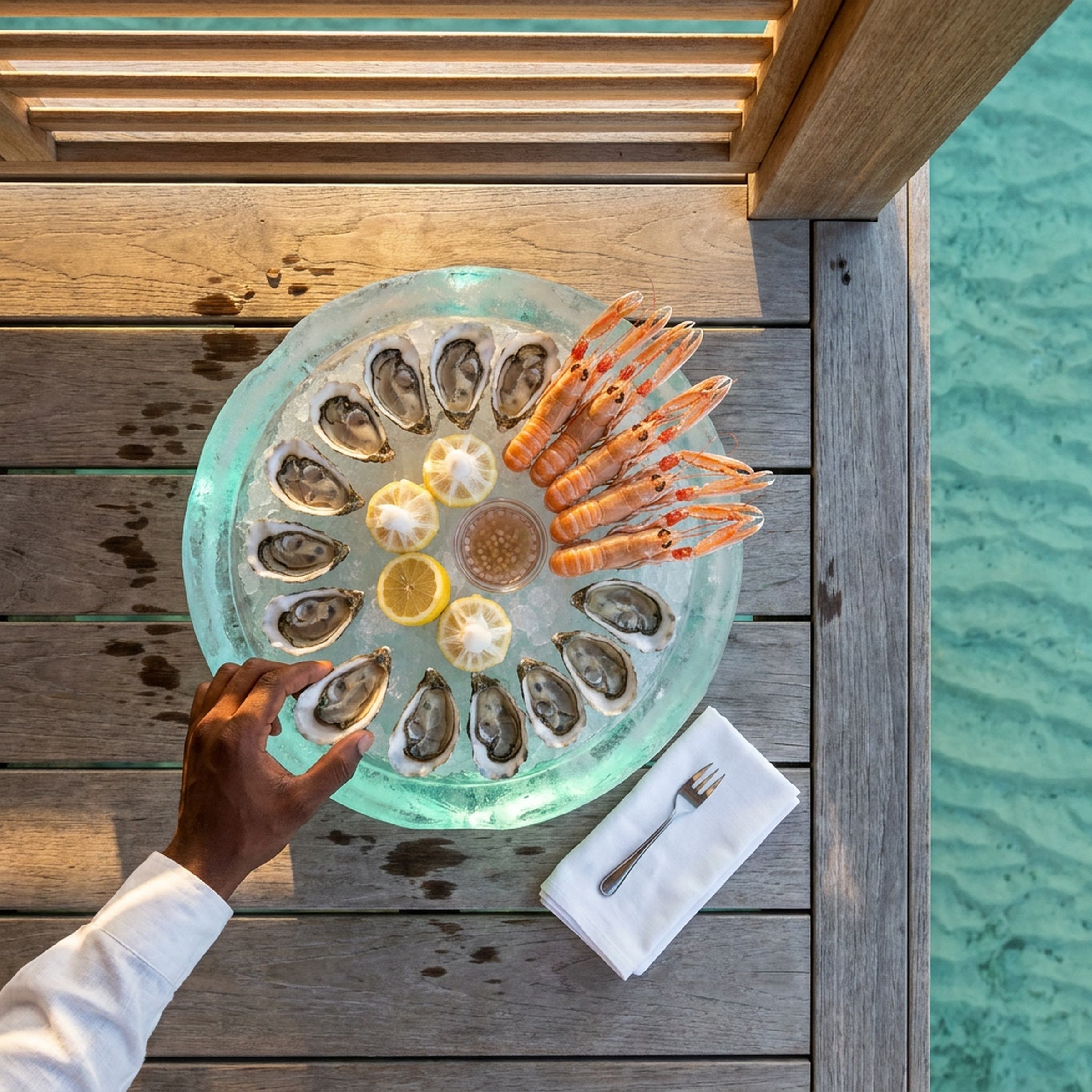 A round tray of glowing clear ice holding a ring of freshly shucked oysters, whole langoustines, lemon halves and a dish of mignonette on a teak deck above turquoise water, with a folded napkin and oyster fork, as a hand in a white linen sleeve reaches for an oyster.