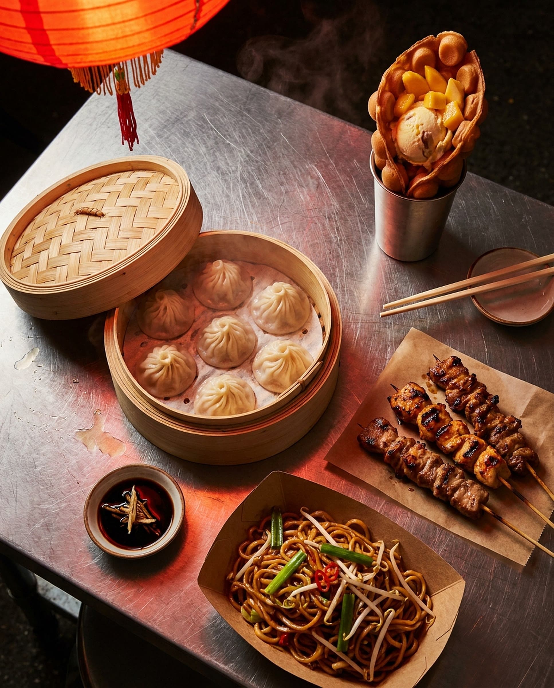 A stainless steel stall counter under a glowing red lantern at night, with an open bamboo steamer of soup dumplings, black vinegar with ginger, grilled glazed skewers on brown paper, a paper boat of wok noodles with scallions and sprouts, chopsticks, and a bubble waffle cone of mango and ice cream.