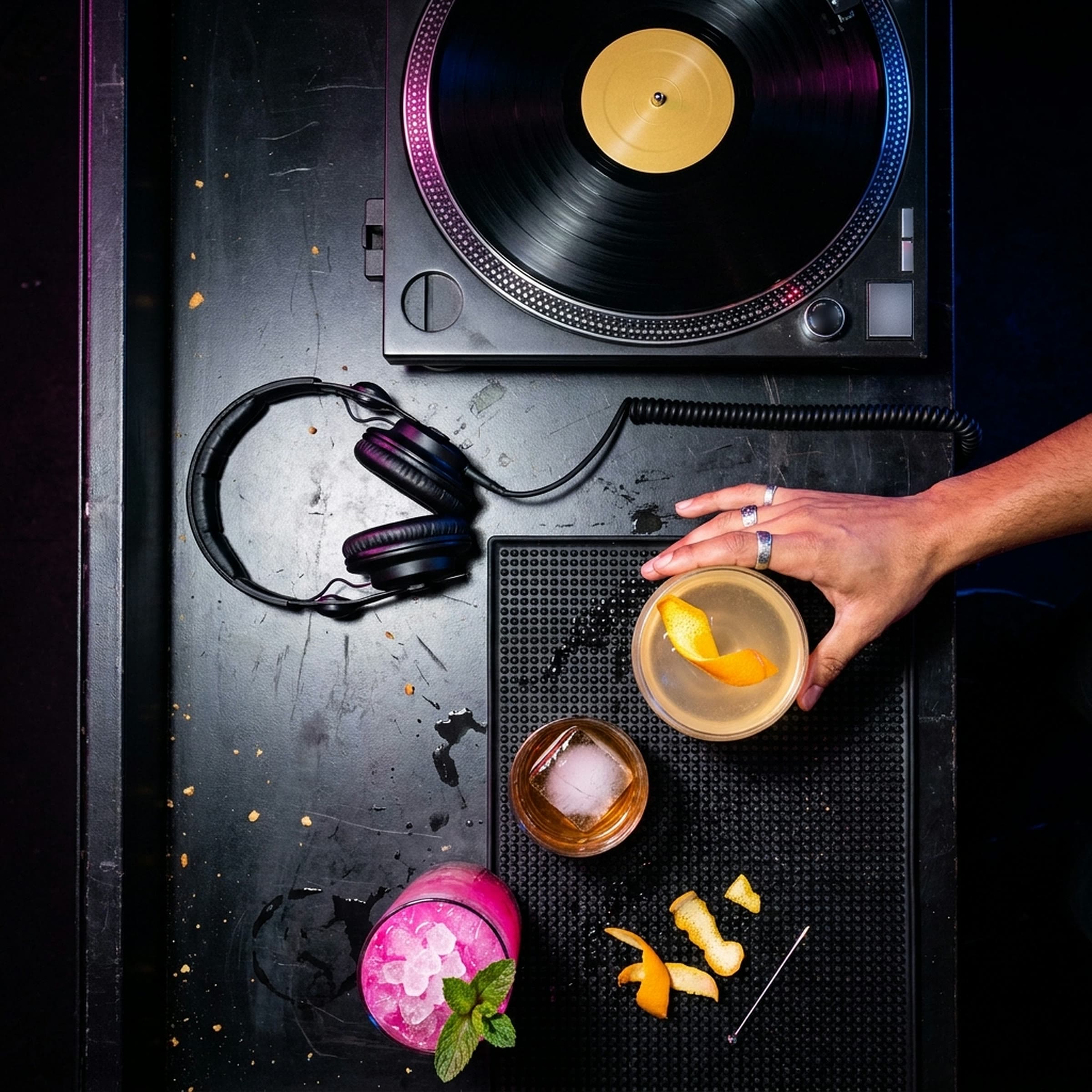 A black DJ booth lit by flash and colored club light, with a spinning record with a gold center, headphones on a coiled cable, and three cocktails on a bar mat, a pale gold drink with an orange twist, an amber drink over a clear cube and a pink crushed ice drink with mint, as a ringed hand slides one toward the turntable.