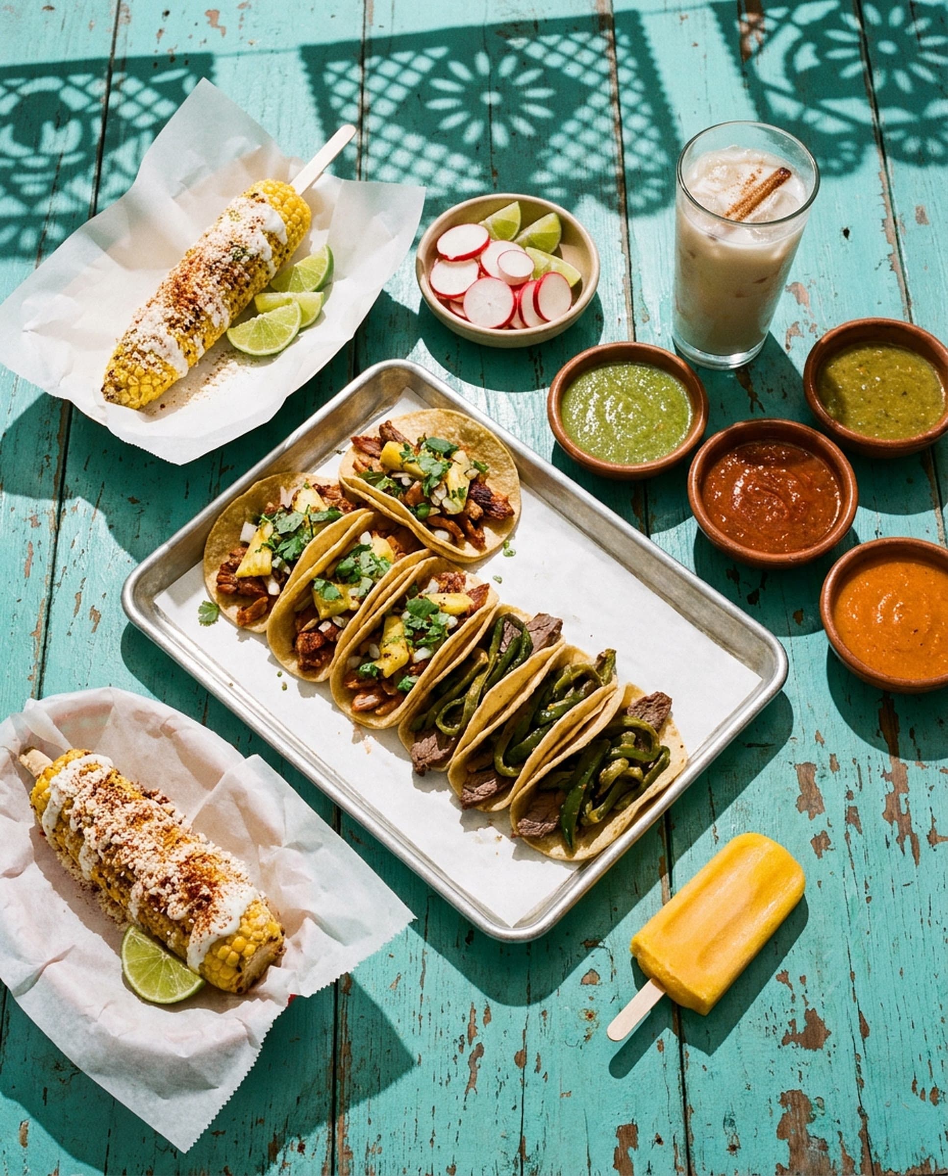 A chipped turquoise wooden table in bright sun, crossed by the lace shadows of cut paper banners, holding a tray of al pastor tacos with pineapple, onion and cilantro and beef tacos with roasted poblano, grilled elote with crema and chile, radishes and limes, three clay bowls of salsa, a glass of horchata and a mango paleta.