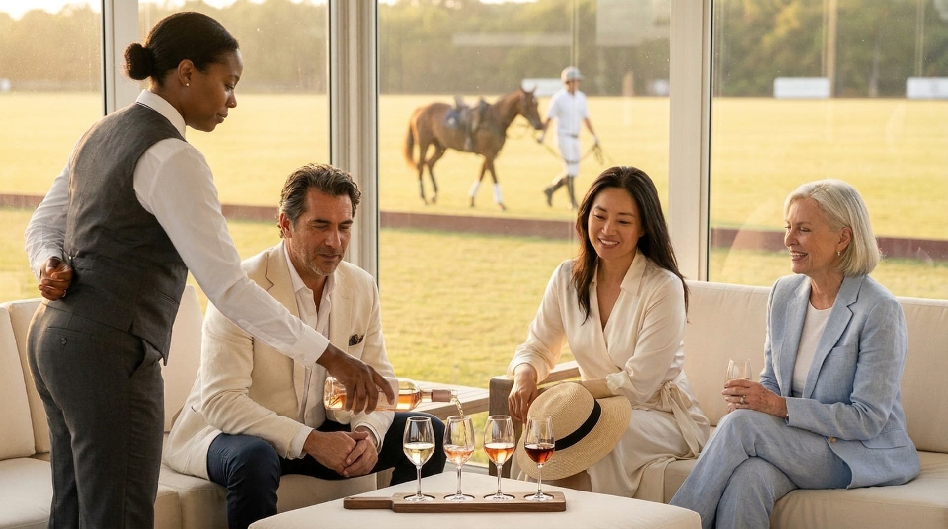 A sommelier in a gray vest pours rosé into a flight of four tasting glasses on a wooden paddle while three seated guests in linen and silk watch and smile inside a glass cabana, with a polo player leading a pony across the field outside.