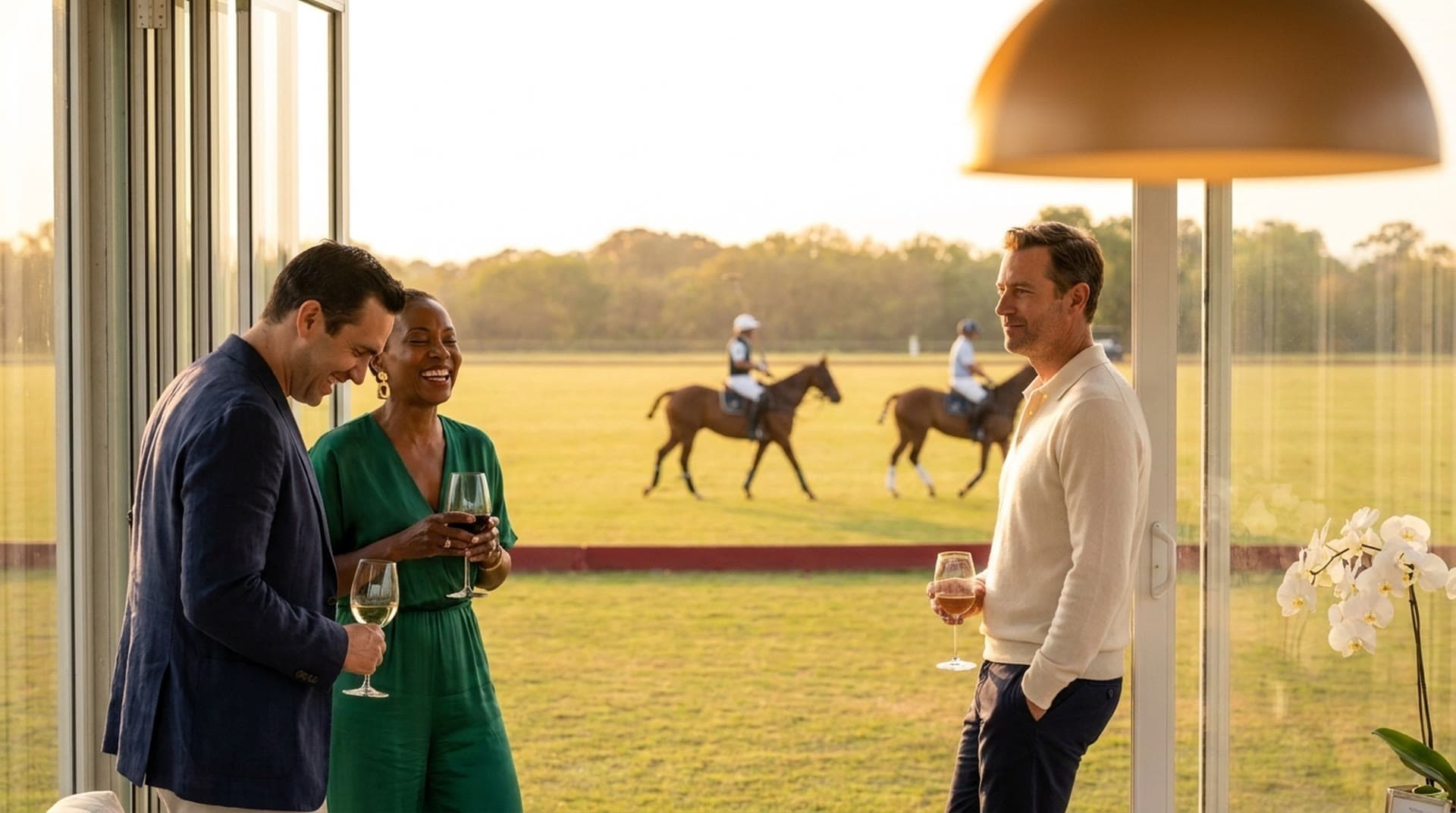 Three guests holding glasses of wine laugh together at the open glass wall of a cabana as two polo players ride past on the field at golden hour.