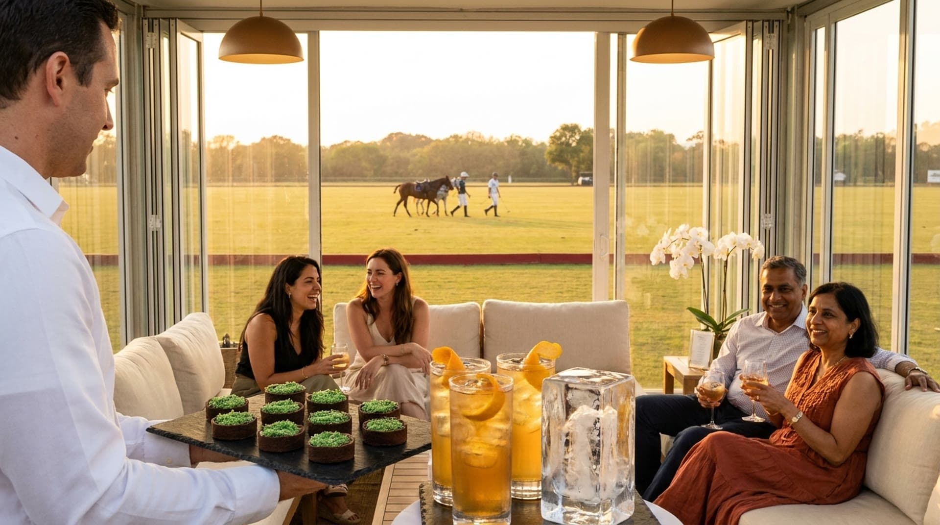 A host carries a slate of small chocolate tarts topped with green sugar grass toward guests on cream sofas holding iced drinks inside a glass cabana, with polo players and a pony on the field behind them.