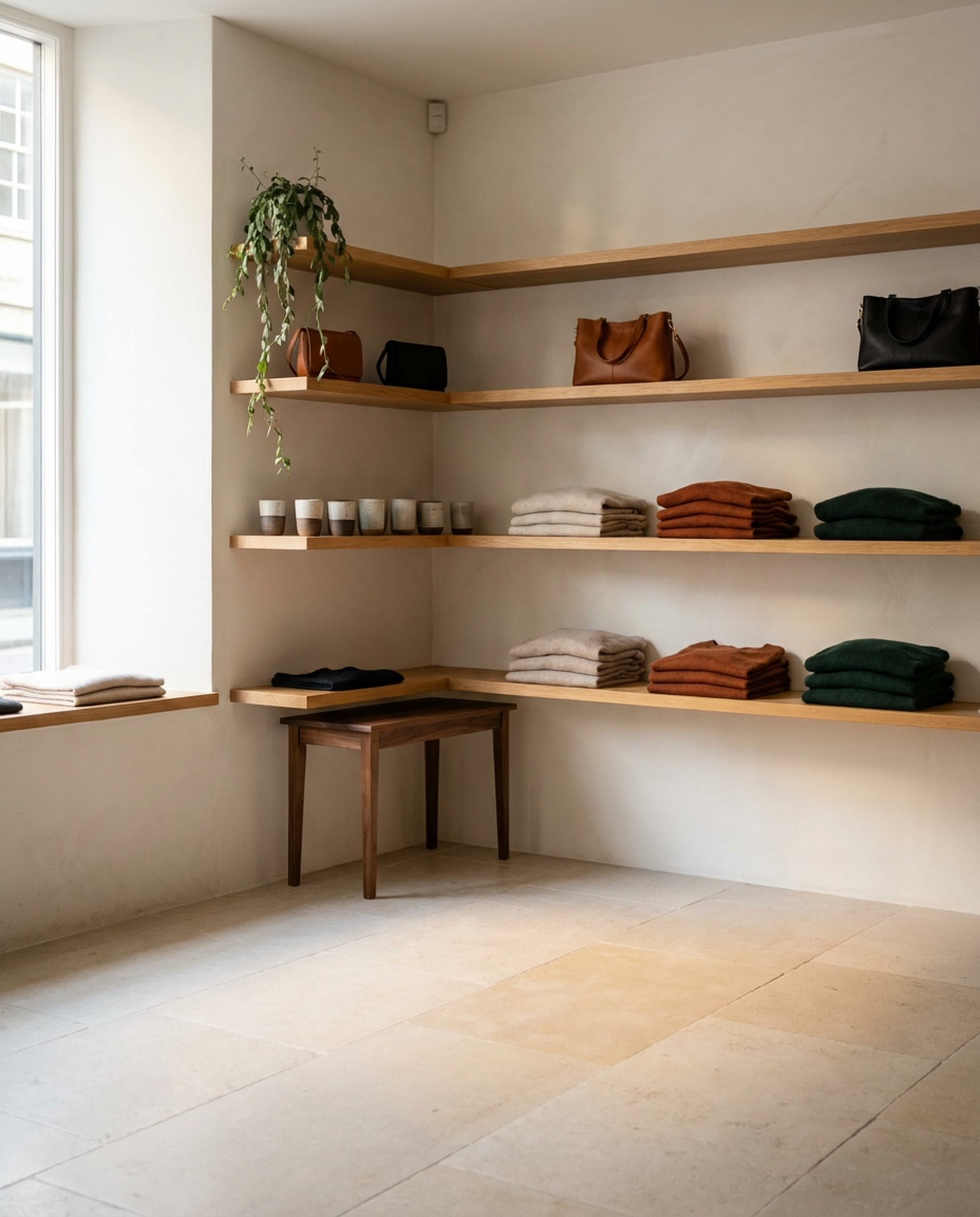 A quiet boutique corner in soft morning light, with oak shelves holding folded cashmere in oatmeal, rust and deep green, leather handbags and a row of ceramic cups above a pale limestone floor.