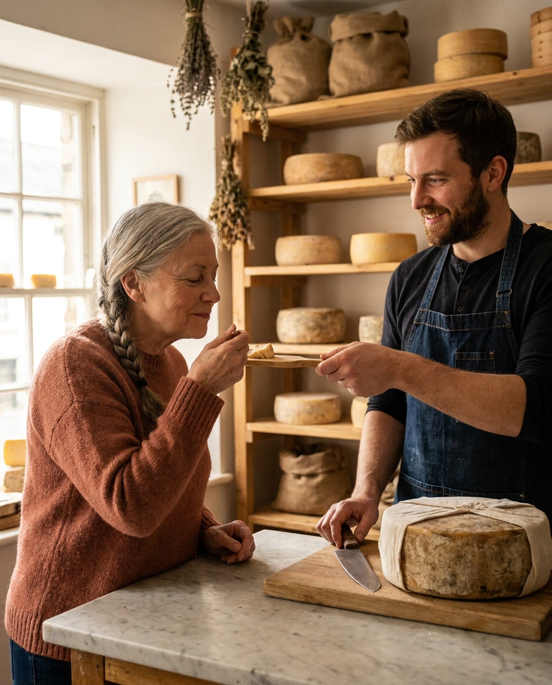A silver-haired woman in a rust sweater savors a taste of aged cheese from a wooden paddle while a smiling cheesemonger in a denim apron watches across a marble counter lined with cheese wheels.