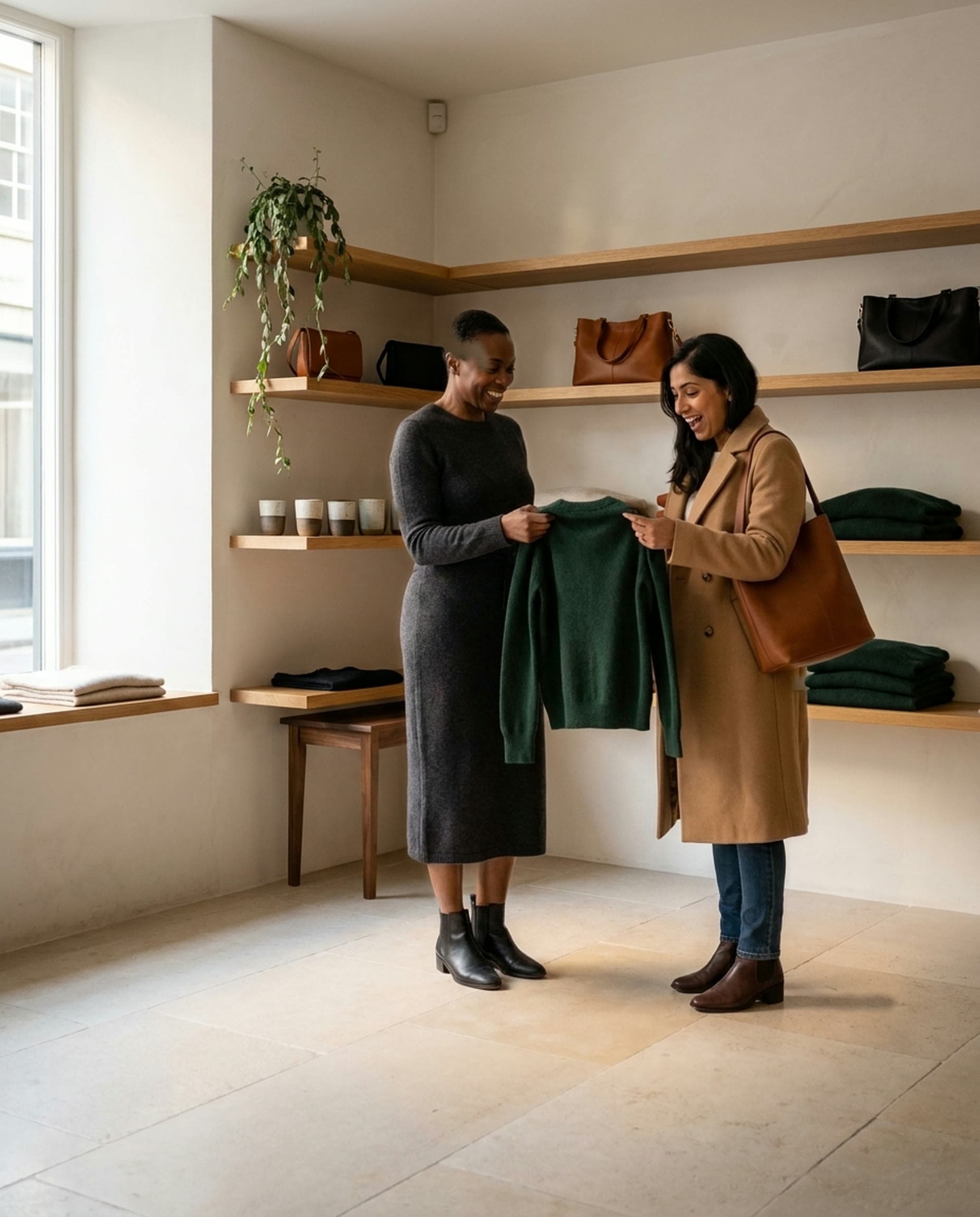 In the same boutique corner, a smiling associate in a charcoal knit dress hands a delighted guest in a camel coat a deep green cashmere sweater.