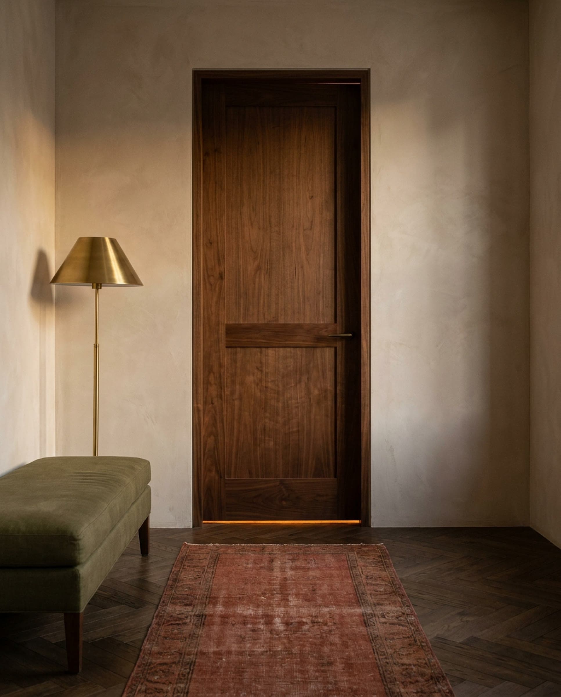 A closed walnut door in a warm plaster hallway with a thin line of amber light beneath it, a brass floor lamp, an olive velvet bench and a faded terracotta runner on a herringbone floor.