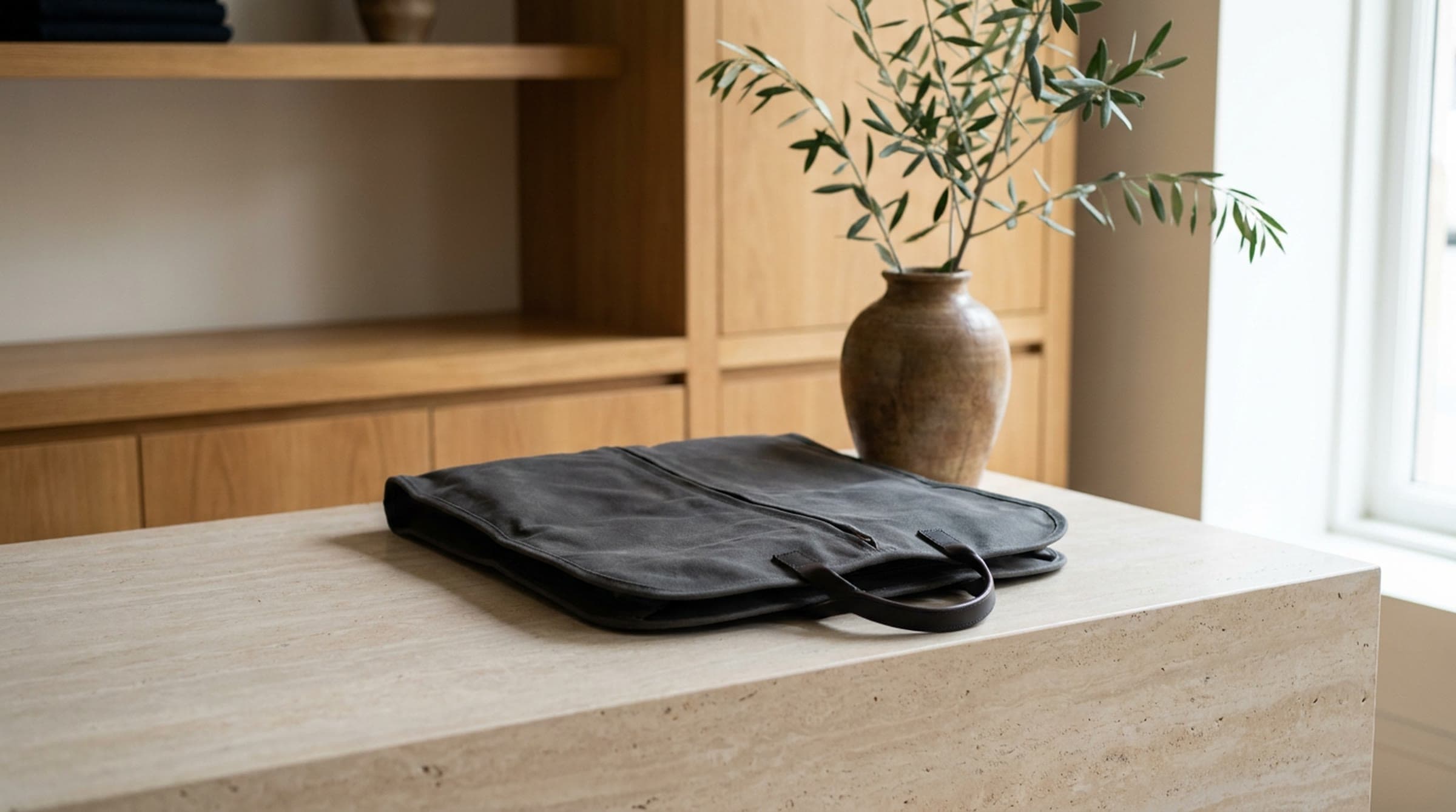 A folded charcoal canvas garment bag with a leather handle rests on a pale travertine counter beside a stoneware vase of olive branches in soft window light.