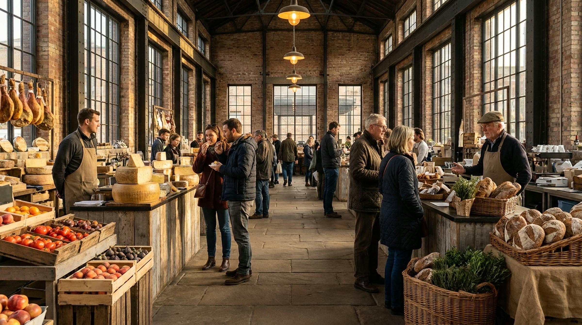 A restored brick and iron market hall in late golden light, with wheels of aged cheese, hanging hams, crates of tomatoes and figs, baskets of sourdough and shoppers tasting and talking with vendors down a long stone aisle.