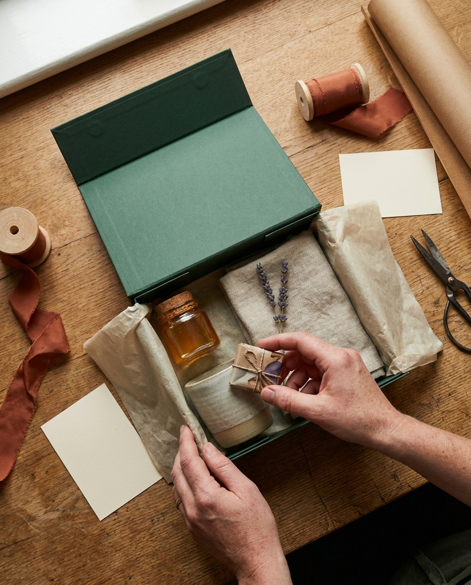 Seen from above, hands tuck a small paper-wrapped chocolate into a forest green gift box lined with tissue, holding a jar of honey, a linen napkin, dried lavender and a ceramic cup, with rust ribbon, blank cards and scissors on an oak table.