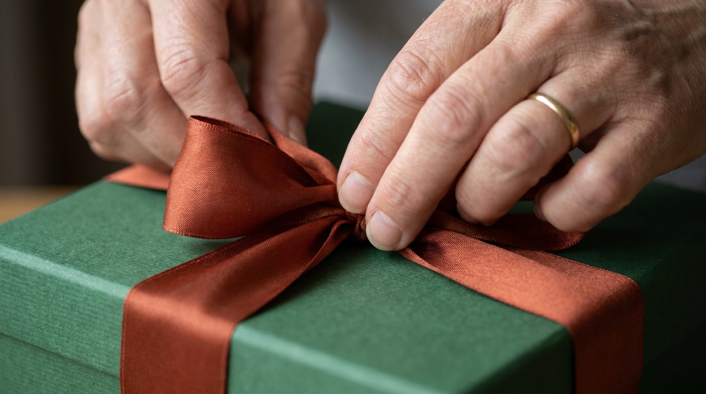 A close view of hands pulling a rust silk ribbon into a bow on a forest green gift box, the satin catching the window light.