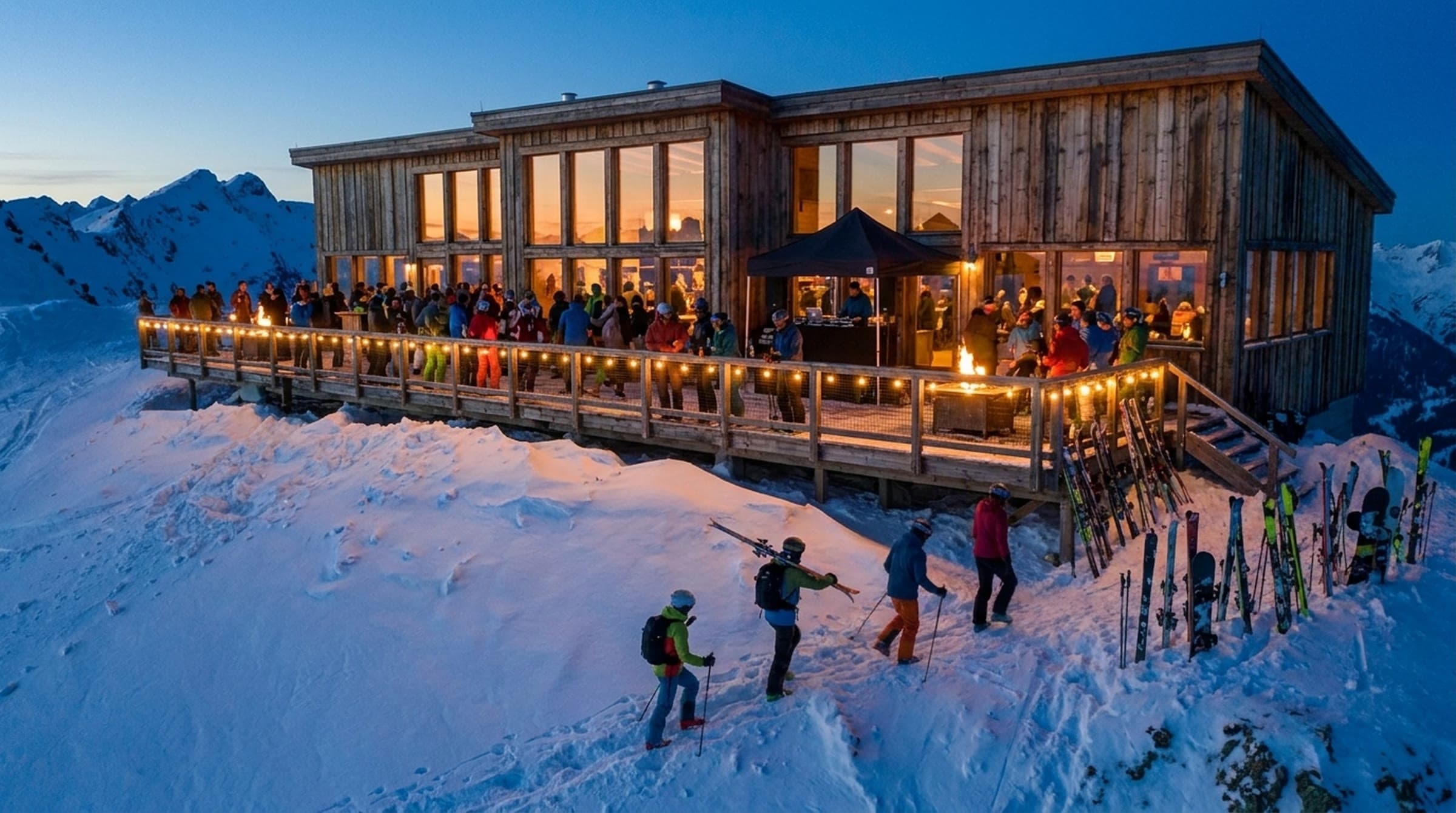 Looking up at the lit lodge from the snow as skiers climb the boot track toward a deck crowded shoulder to shoulder, bulbs burning along the rail.