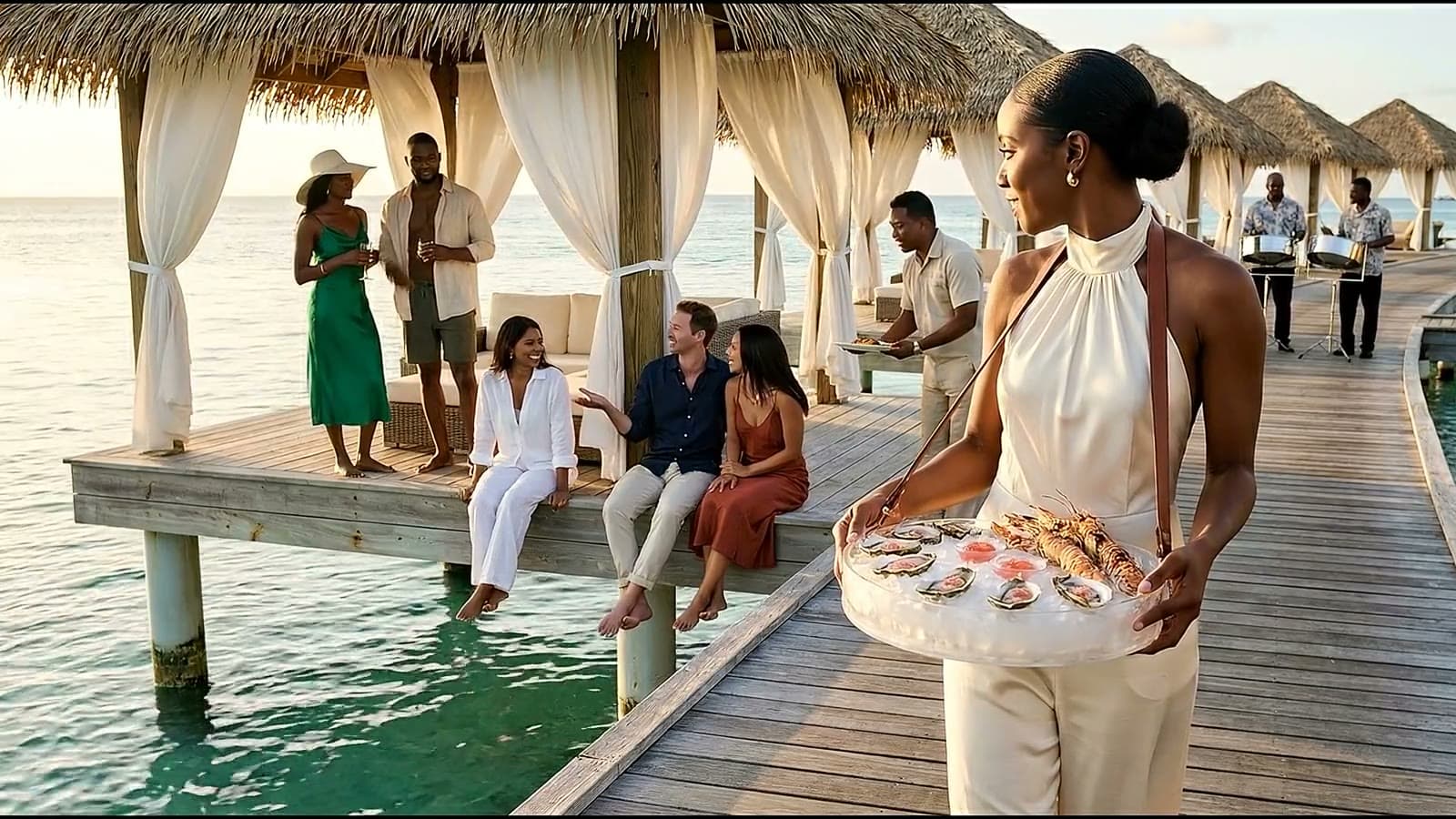 On an over-water boardwalk at sunset, a server holding a round ice tray of oysters and langoustines glances toward a cabana where friends sit on the deck edge talking and laughing, as steel pan players perform in the distance.