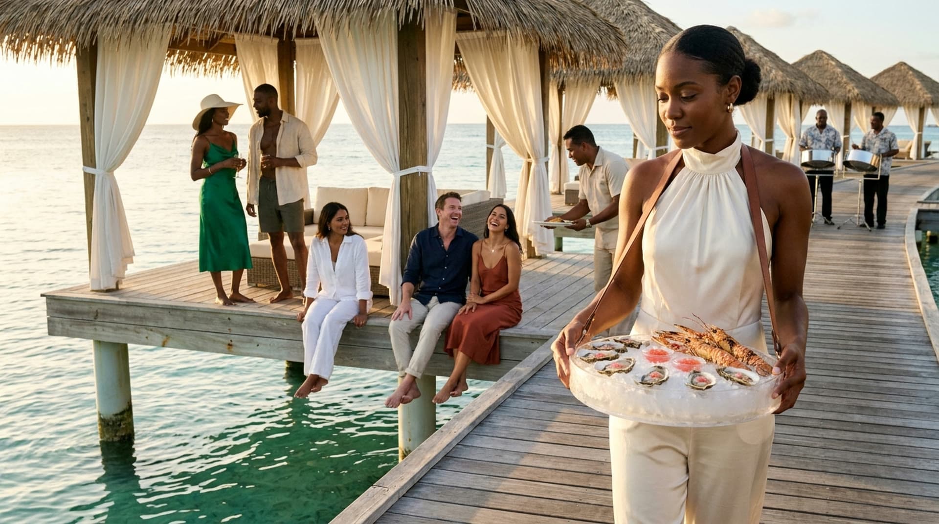 A woman in an ivory halter jumpsuit walks along an over-water boardwalk at sunset carrying a round tray of ice topped with oysters and langoustines, while friends talk on a thatched cabana deck, a waiter serves a plate, and two steel pan players perform further down the boardwalk.