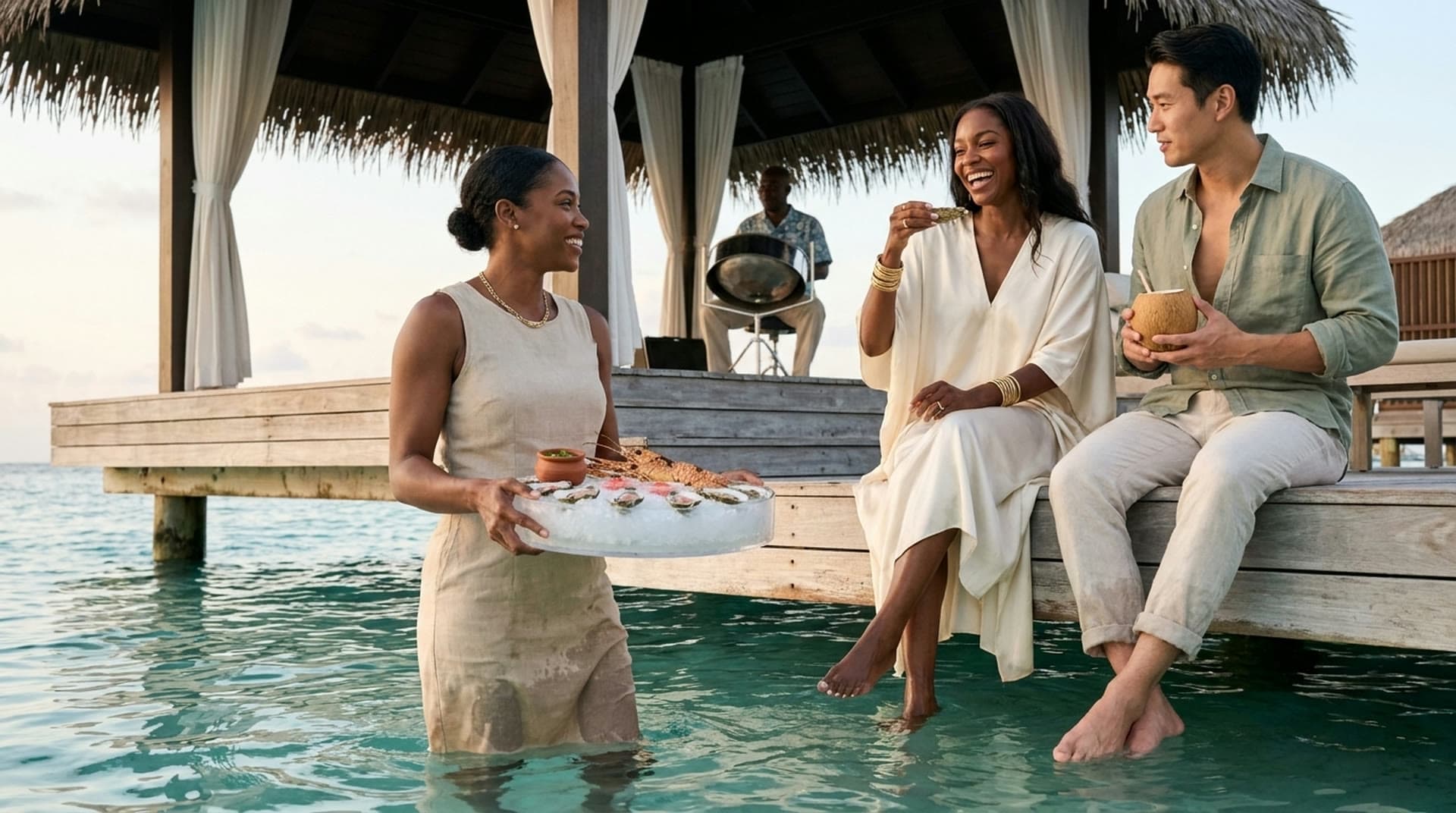 A server standing in clear shallow water holds a round ice tray of oysters and langoustines beside a cabana deck, where a laughing woman in an ivory kaftan eats an oyster and a man in a sage linen shirt holds a coconut cup, with a steel pan player behind them.