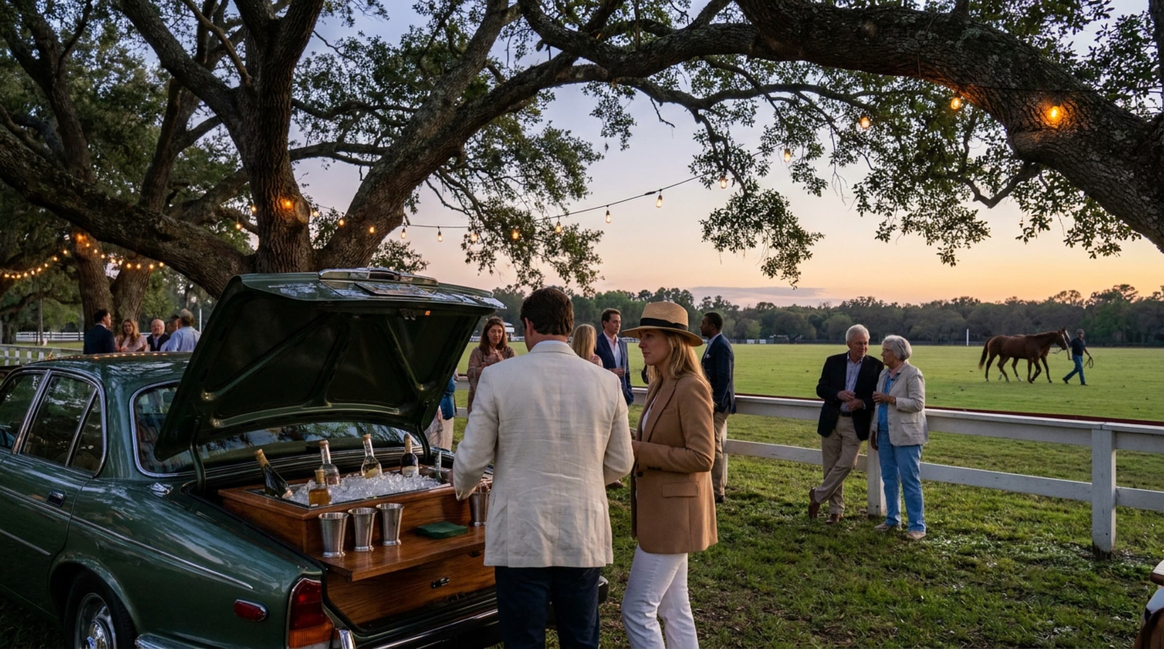 A vintage green sedan parked under huge old oak trees at dusk, its wood-lined trunk opened into a bar of crushed ice and silver cups, guests in linen and blazers talking by a white rail as a groom leads a horse across the polo field beyond.