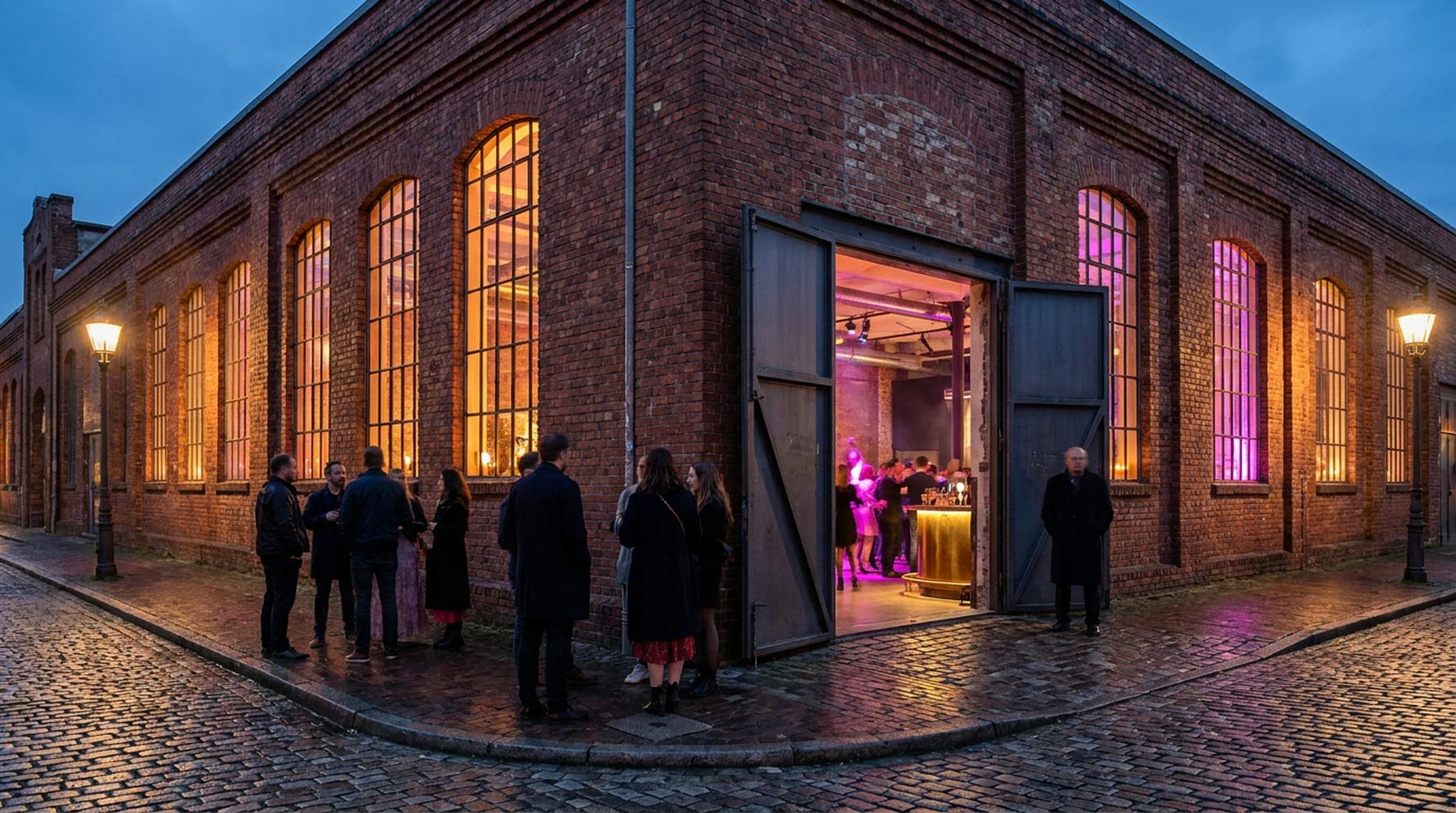 A red brick warehouse on a cobblestone corner at night, its tall arched windows glowing amber and magenta, a wide steel door open onto a dancing crowd and a brass bar inside while guests in evening coats talk on the wet sidewalk.