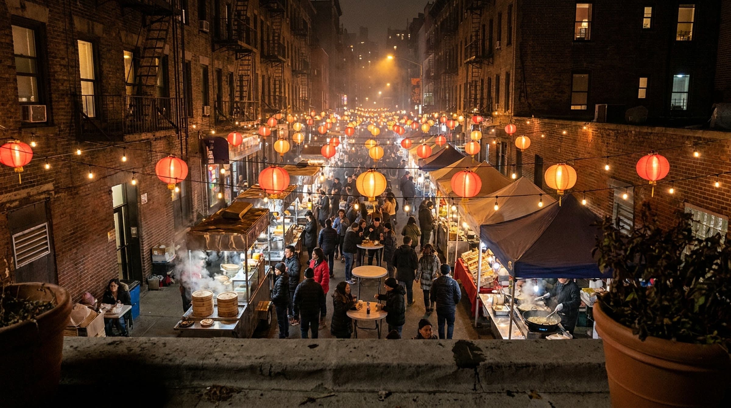 A narrow brick city street at night seen from a rooftop, filled with food carts, steaming bamboo baskets and wok stations under hundreds of red and amber paper lanterns, a crowd moving between the stalls and fire escapes rising on both sides.