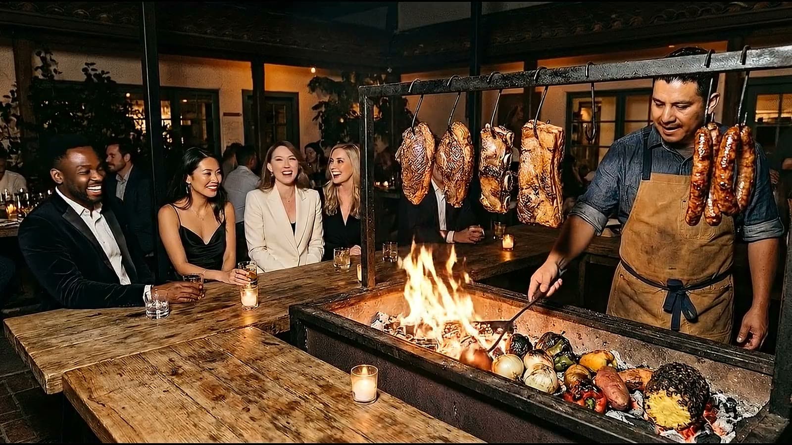 A cook lifts a charred onion from the embers of an open fire pit under hanging cuts of meat and sausages, while guests at the next table laugh and talk.