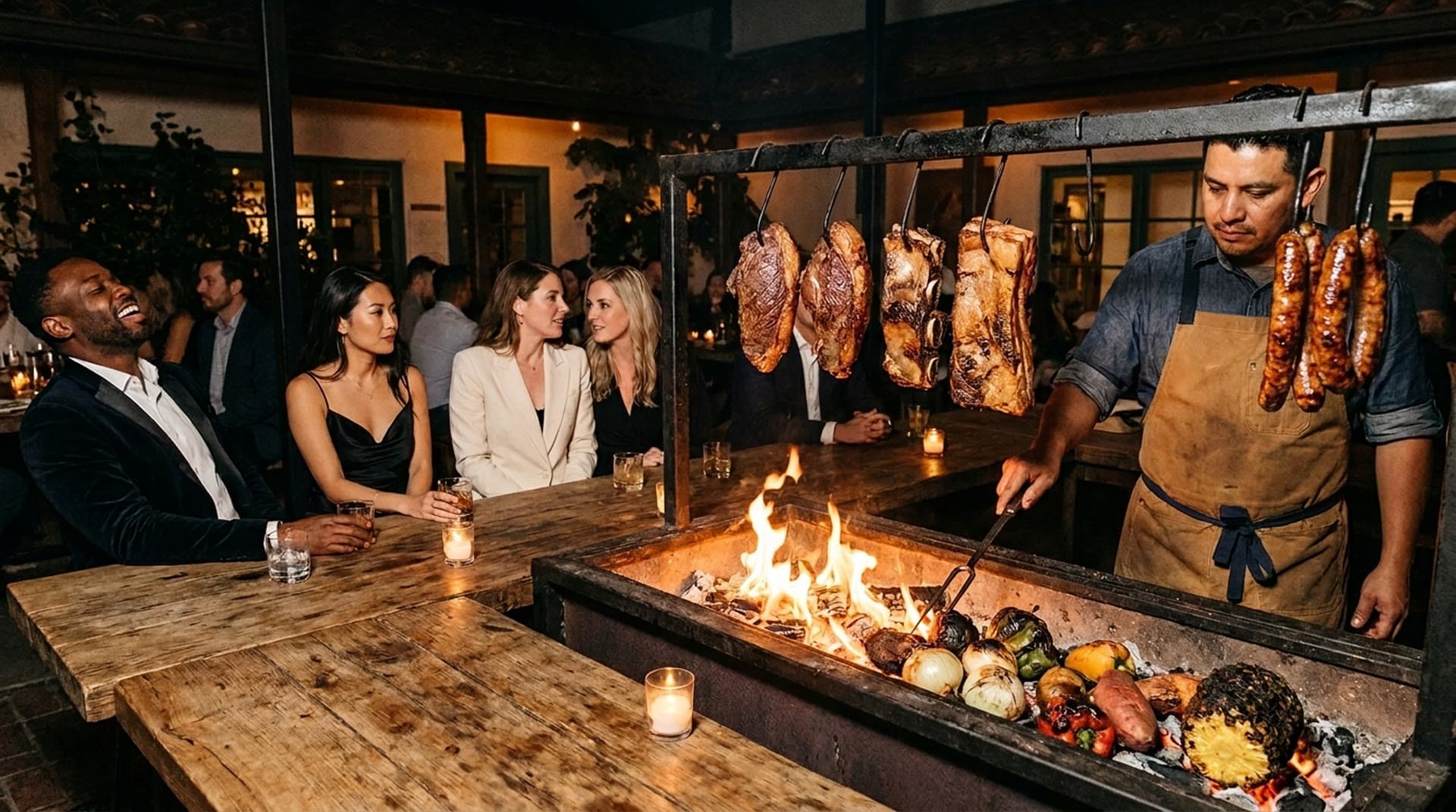 At night in a brick and plaster courtyard, a cook in a canvas apron tends a long fire pit where onions, peppers, sweet potatoes and a pineapple char in the coals, beneath an iron bar hung with whole cuts of beef, pork belly and sausages, while four guests in evening wear laugh at a wooden table beside it.